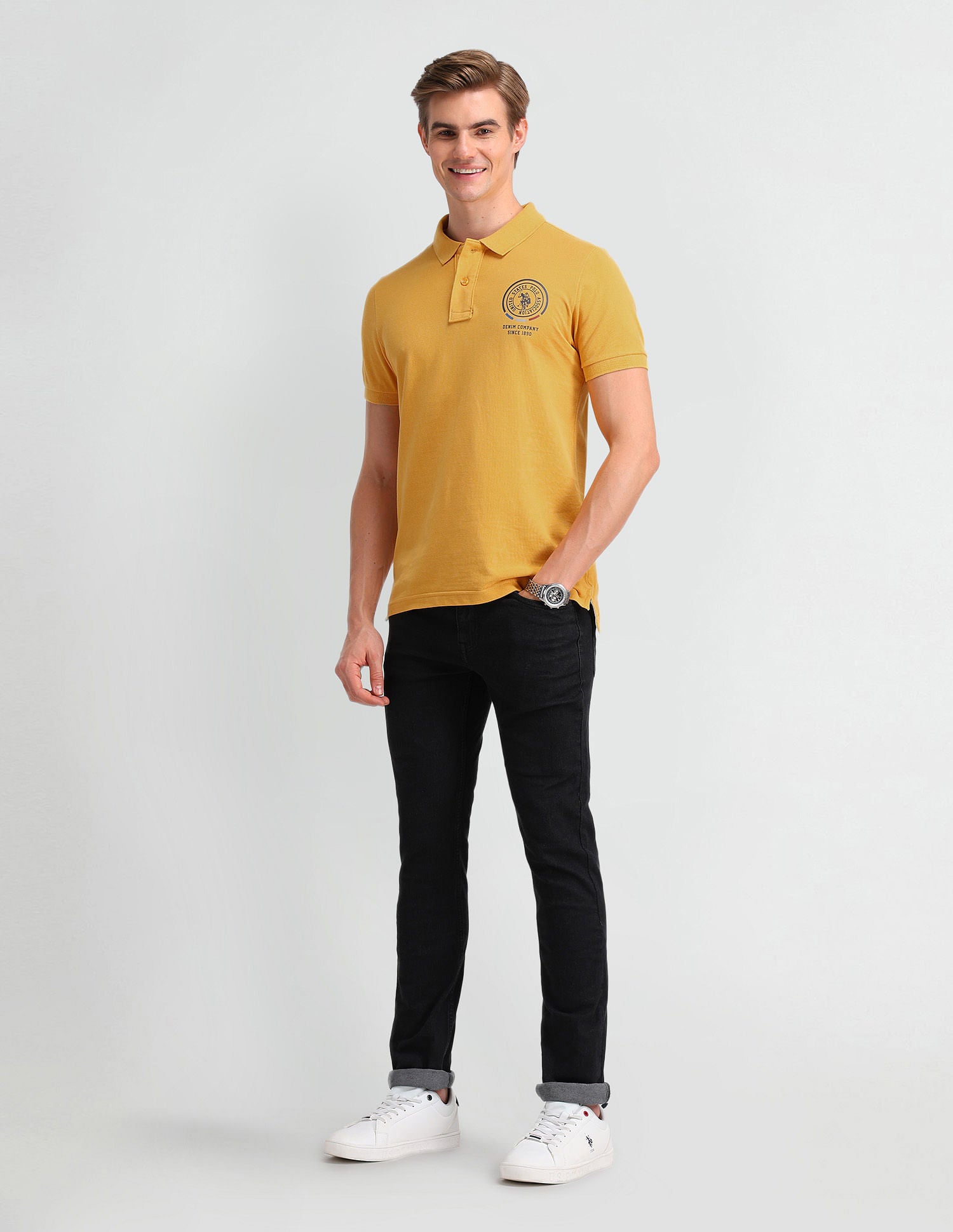 Pure Cotton Slim Fit Solid Polo Shirt Yellow - U.S. Polo Assn. India | Large