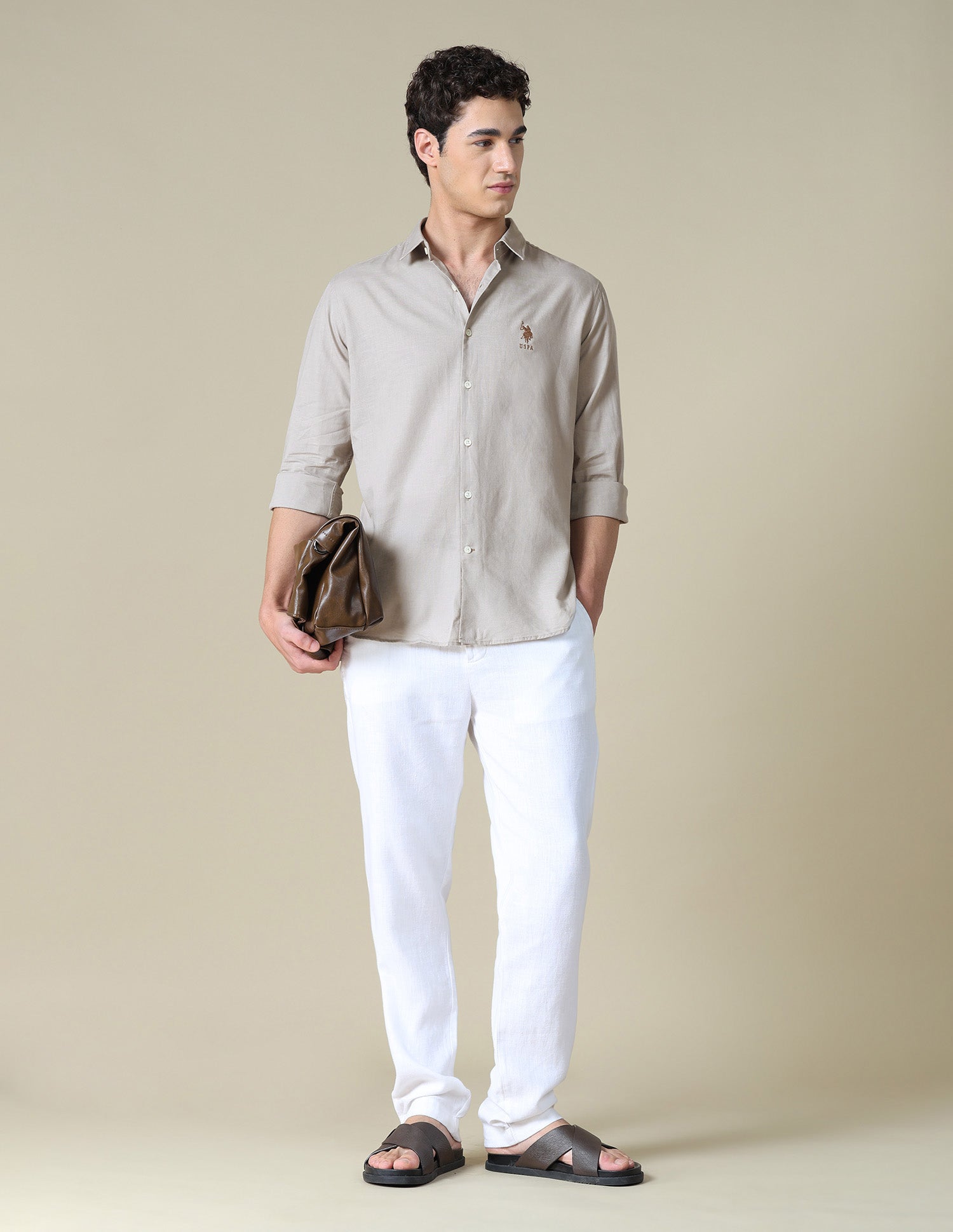 Solid Regular Fit Shirt Beige - U.S. Polo Assn. India | Large