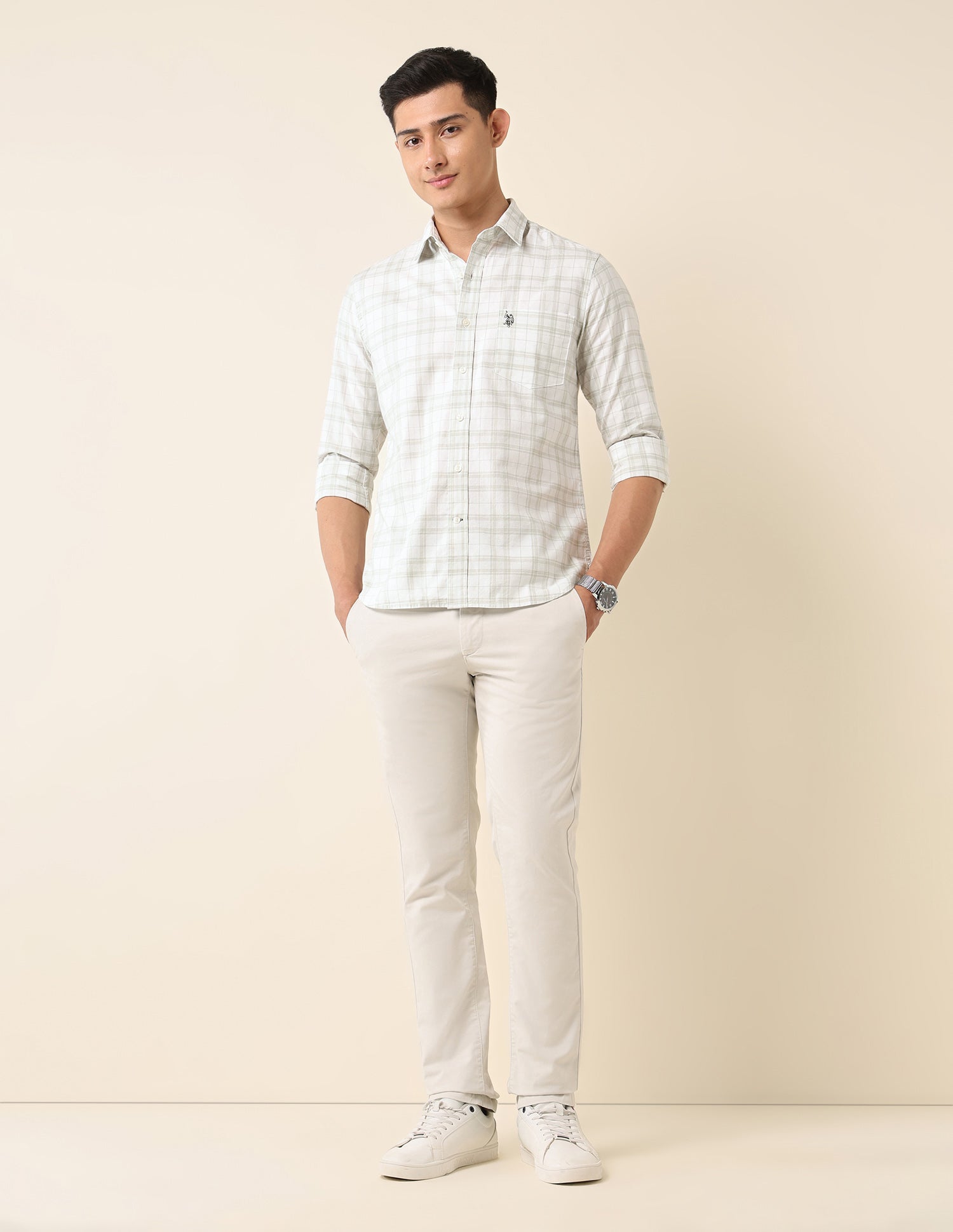 Plaid Checked Pure Cotton Shirt Light Green - U.S. Polo Assn. India | Large
