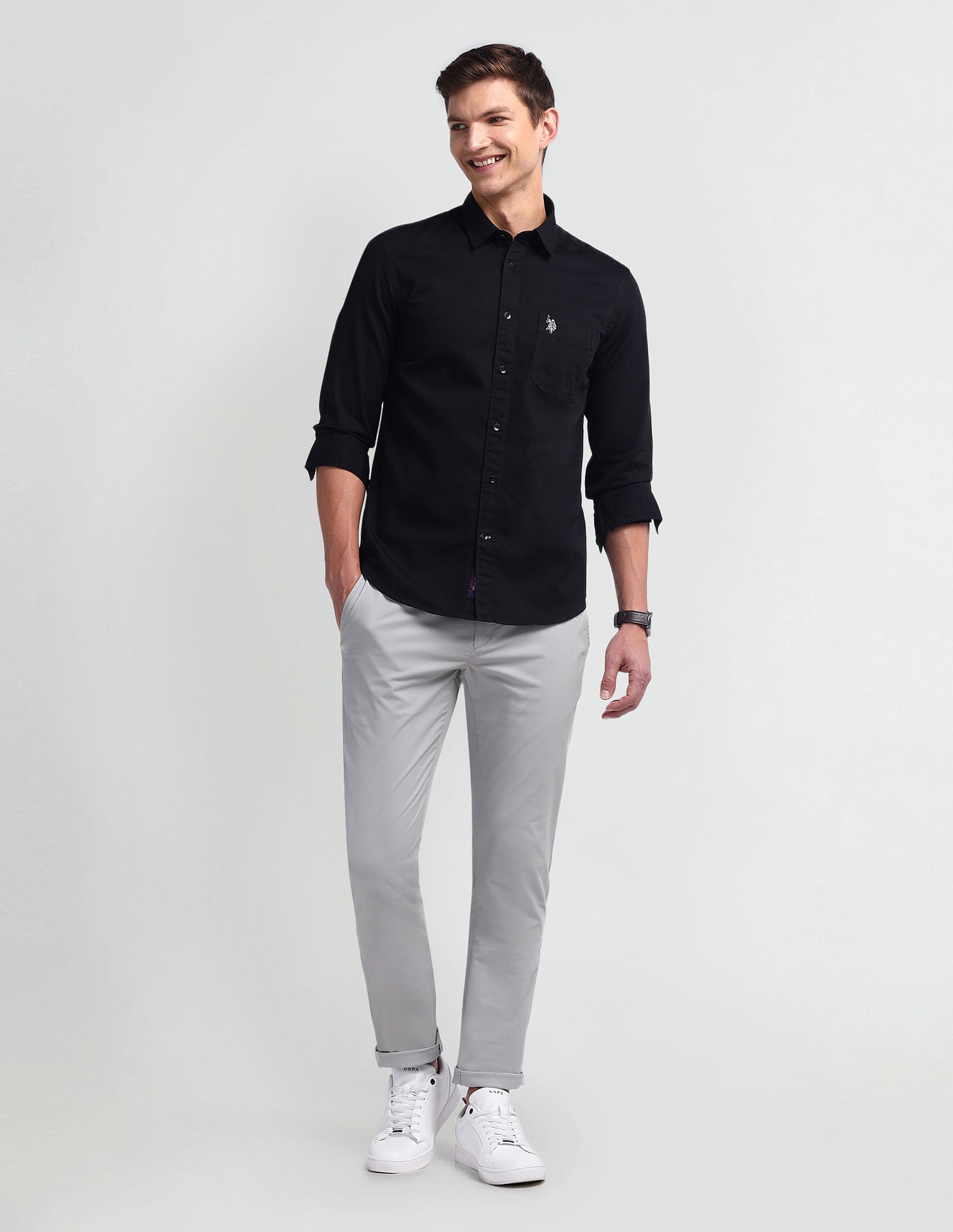 Semi Cutaway Collar Slim Fit Shirt Black - U.S. Polo Assn. India | Large