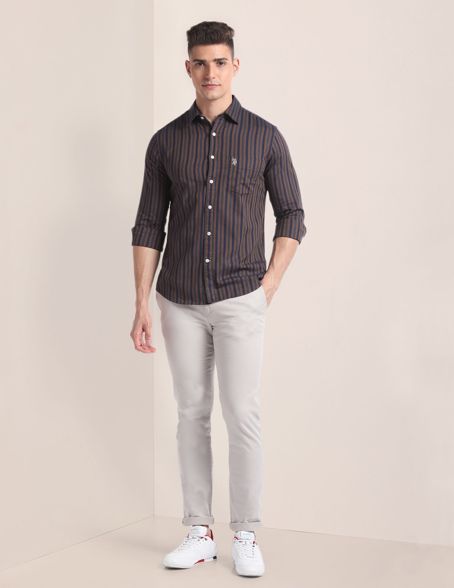Vertical Stripe Dobby Shirt Brown and Navy - U.S. Polo Assn. India | Large