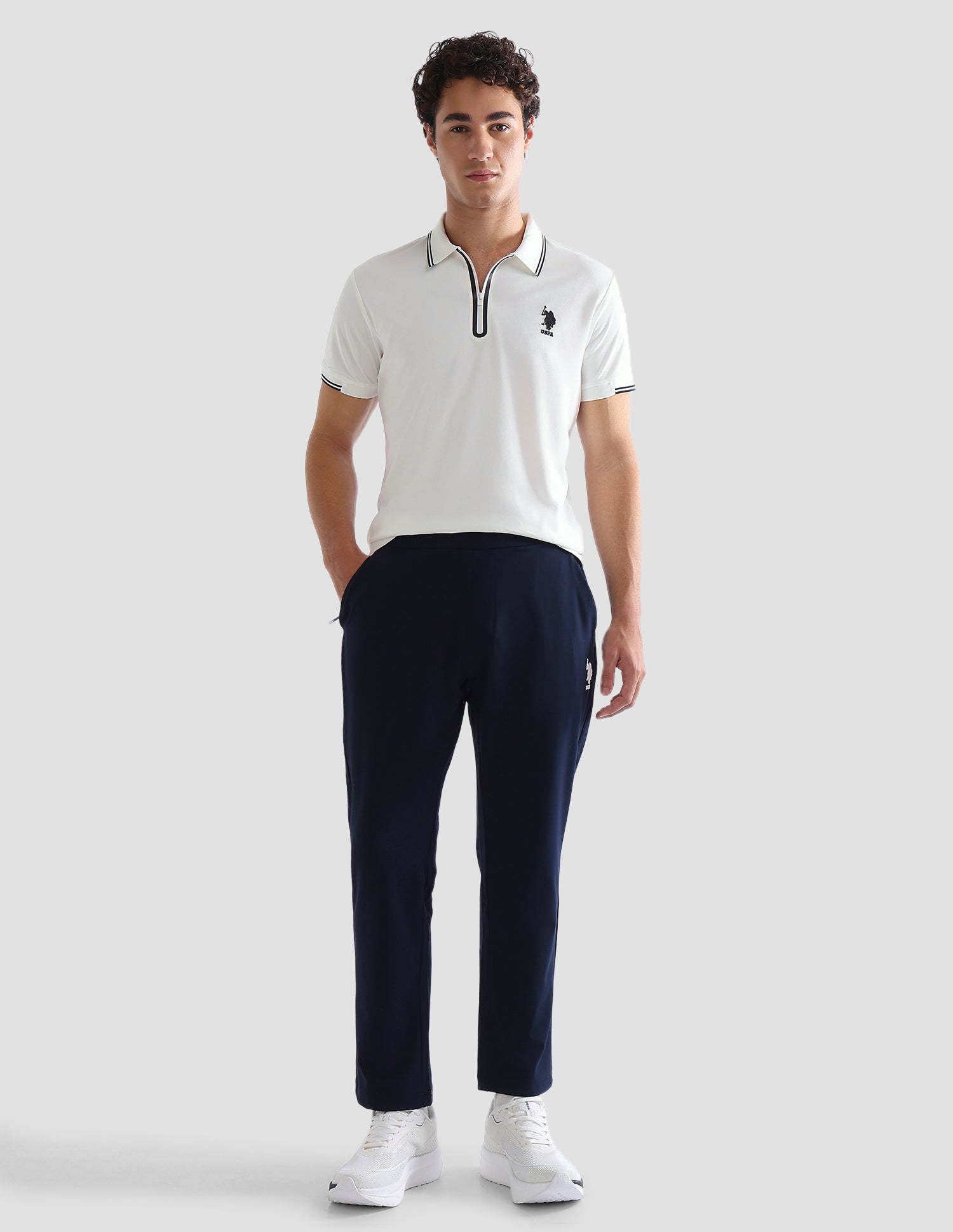 Solid Stripe Detail Slim Fit Active Polo Shirt Off White - U.S. Polo Assn. India | Large