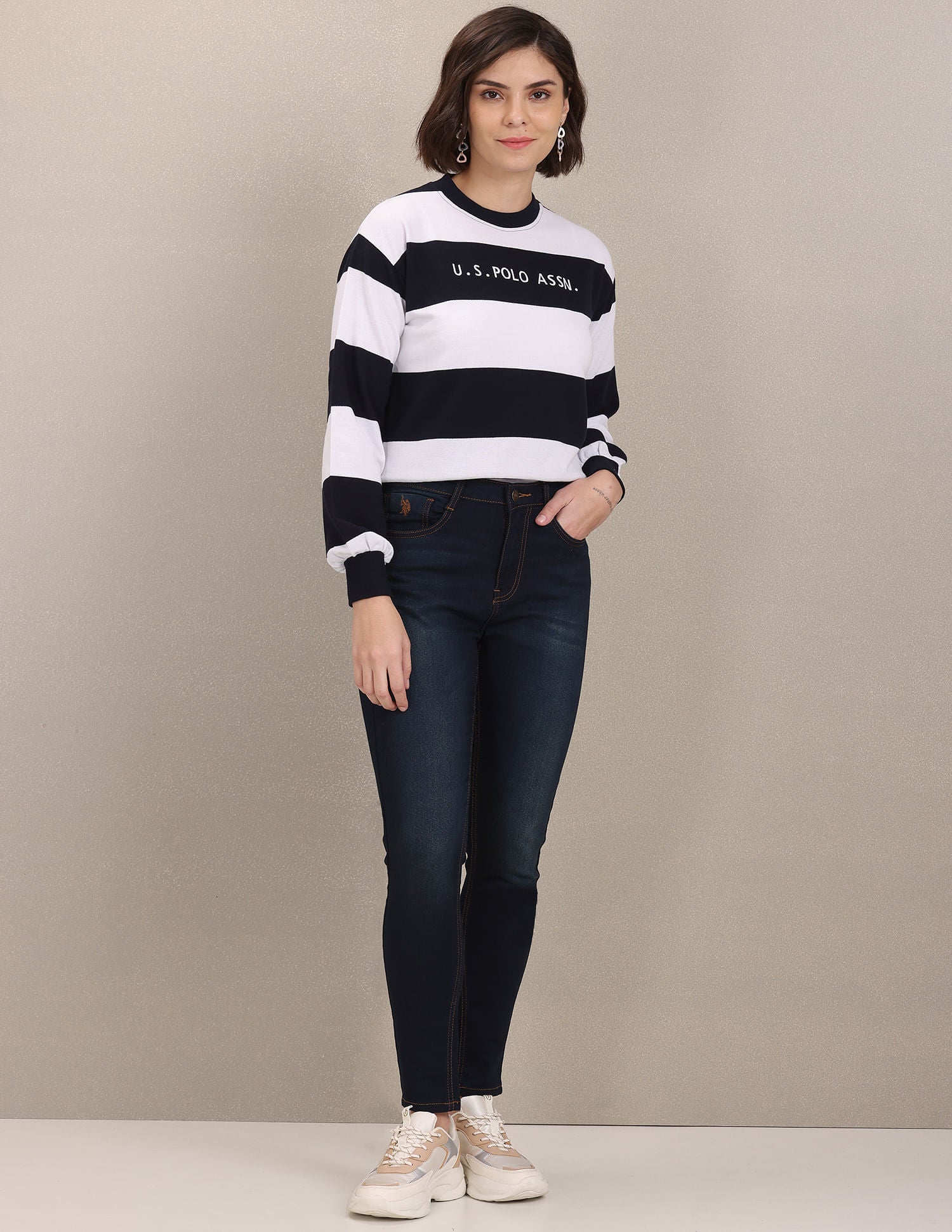 Crew Neck Horizontal Stripe Sweatshirt Navy and White - U.S. Polo Assn. India | Large