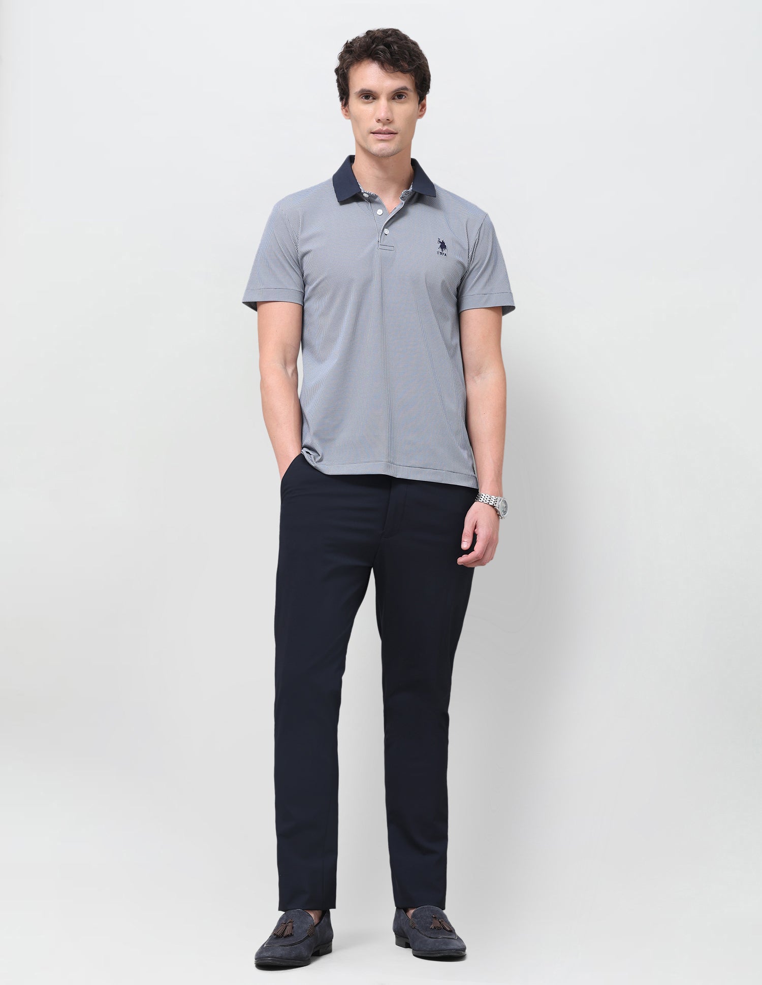 Houndstooth Slim Fit Polo Shirt Navy - U.S. Polo Assn. India | Large