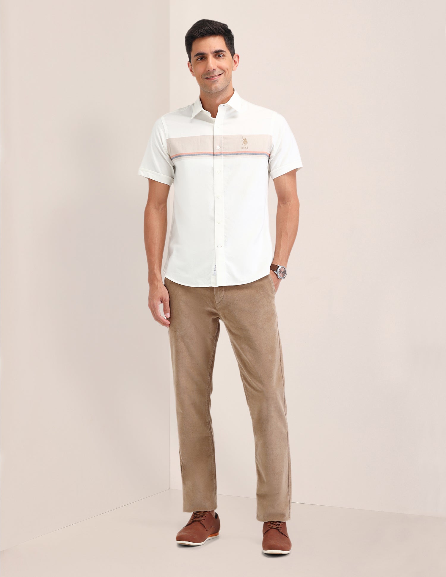 Horizontal Striped Regular Fit Shirt Beige - U.S. Polo Assn. India | Large