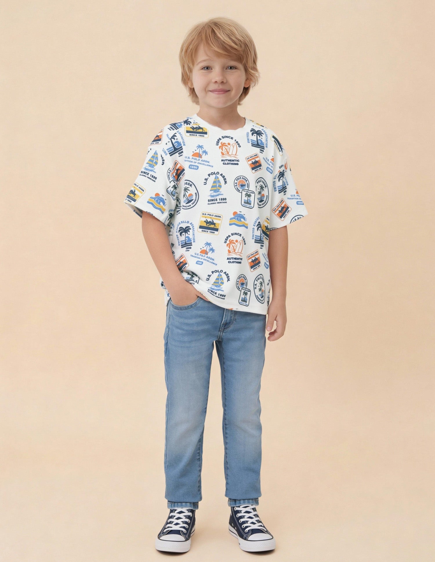 Boys Graphic Printed Oversized Fit T-Shirt White - U.S. Polo Assn. India | Large