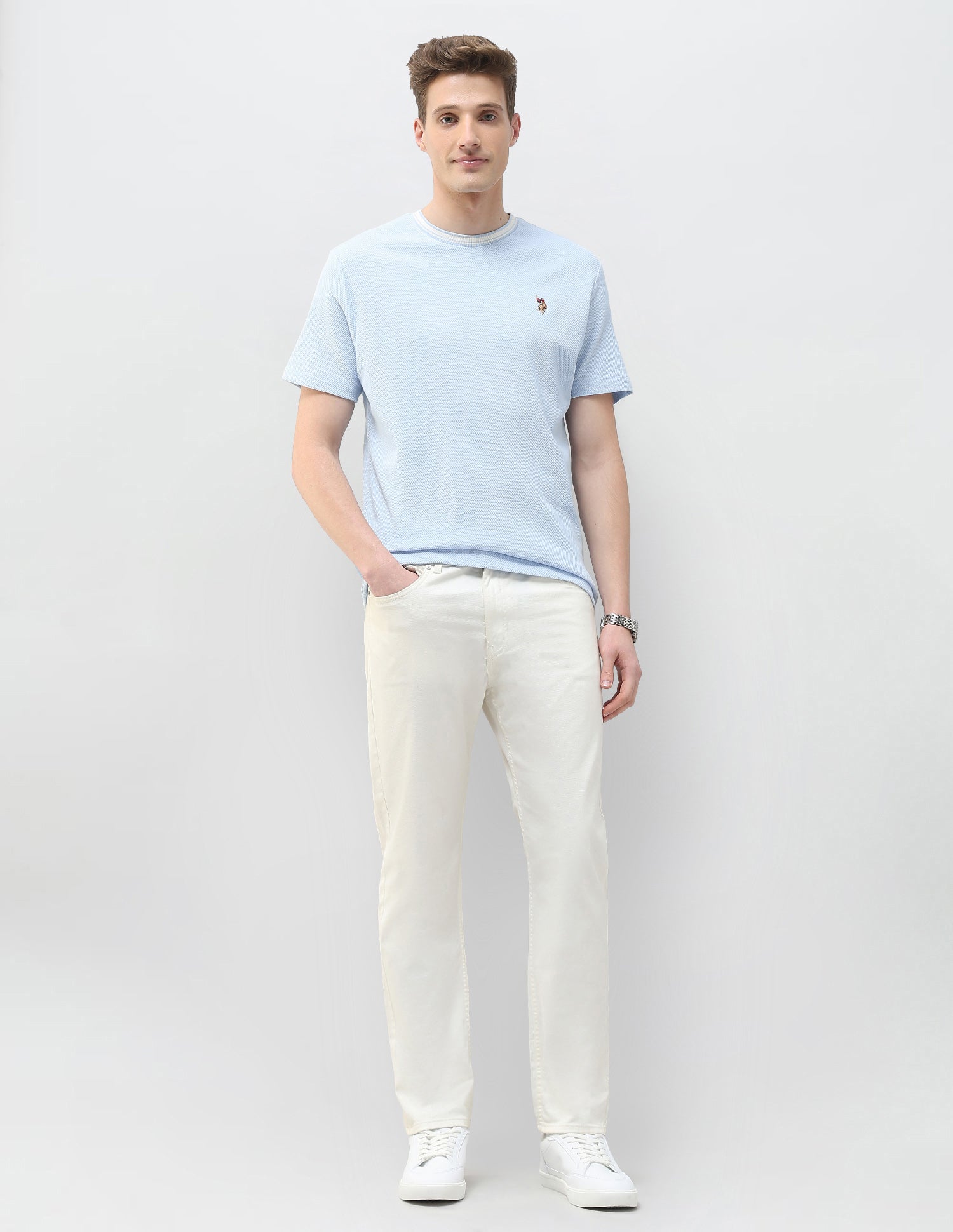 Textured Motel On The Coast Slim Fit T-Shirt Light Blue - U.S. Polo Assn. India | Large