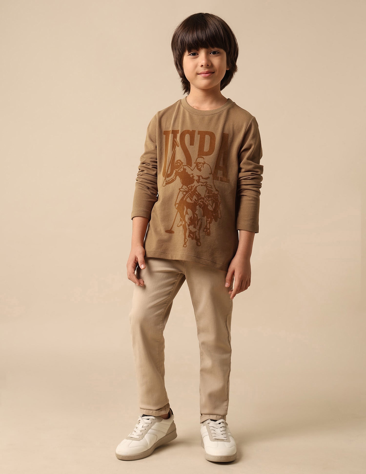 Boys Graphic Brand Printed Regular Fit T Shirt Light Brown - U.S. POLO ASSN. | Large