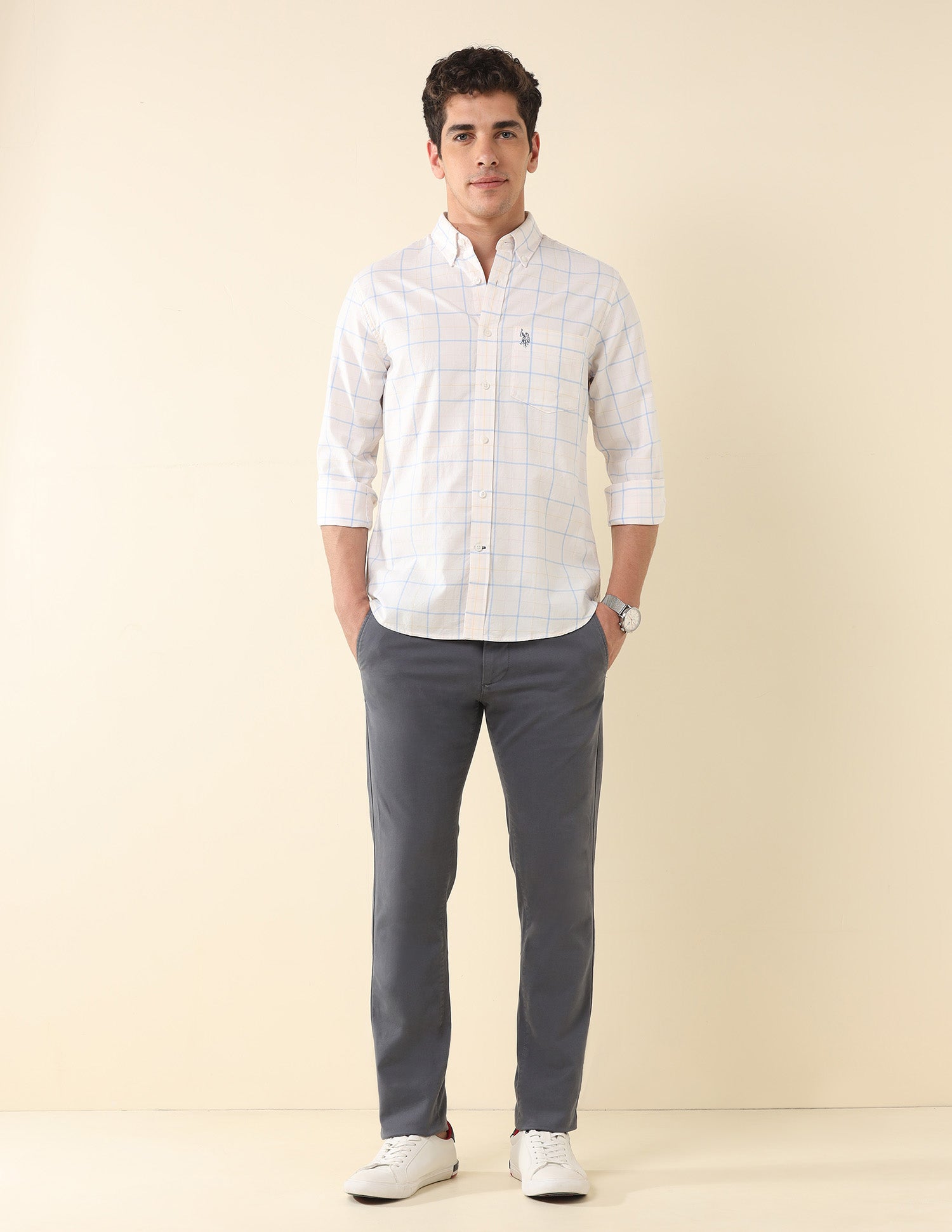 Windowpane Checked Twill Shirt Ecru - U.S. Polo Assn. India | Large
