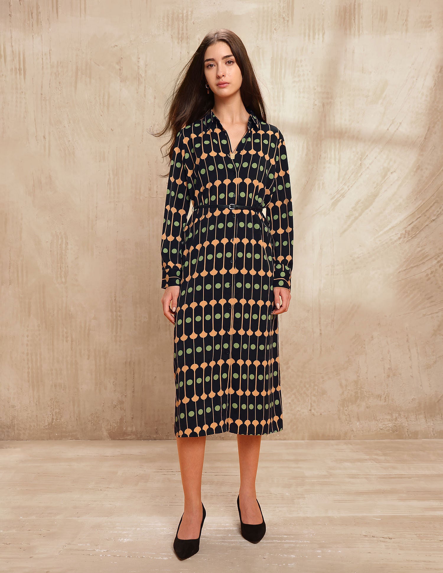 Geometric Printed Midi Shirt Dress Black - U.S. POLO ASSN. | Large