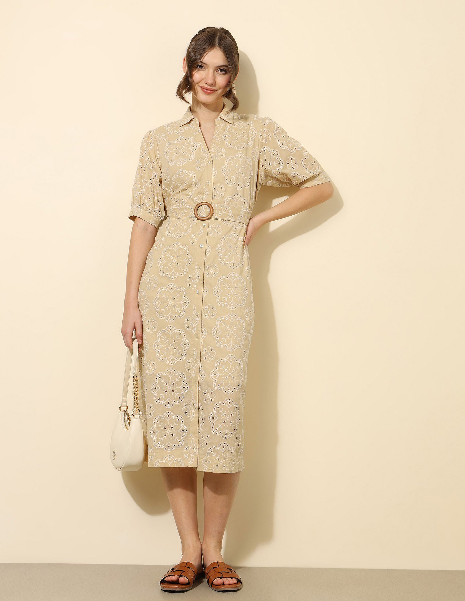 Schiffli Midi Shirt Dress Beige - U.S. Polo Assn. India | Large