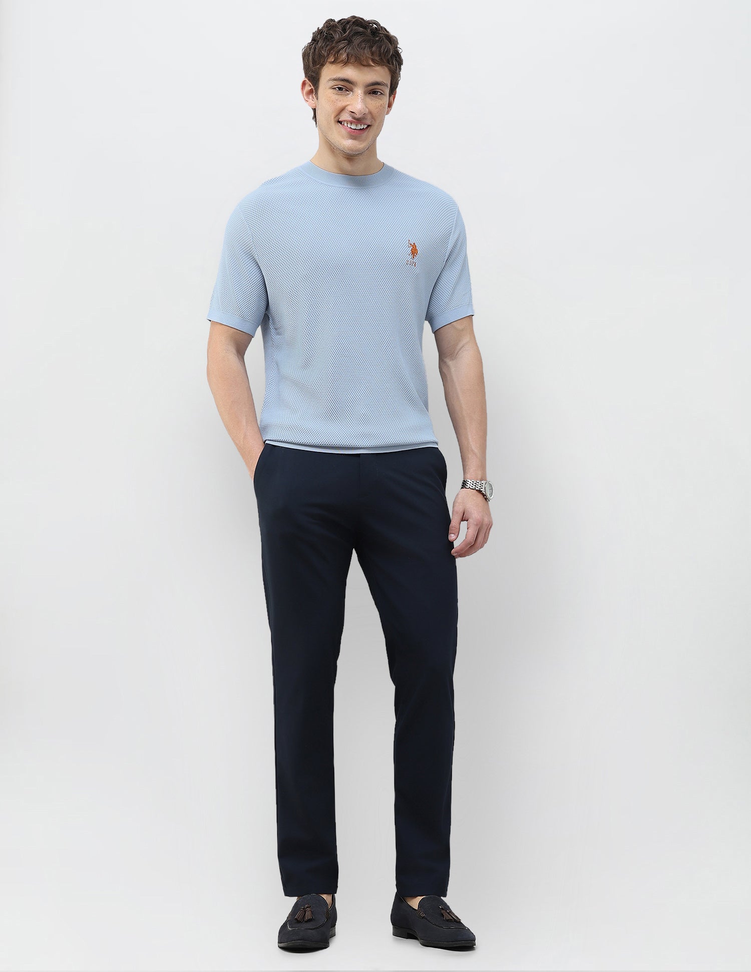 Textured Slim Fit T-Shirt Light Blue - U.S. Polo Assn. India | Large