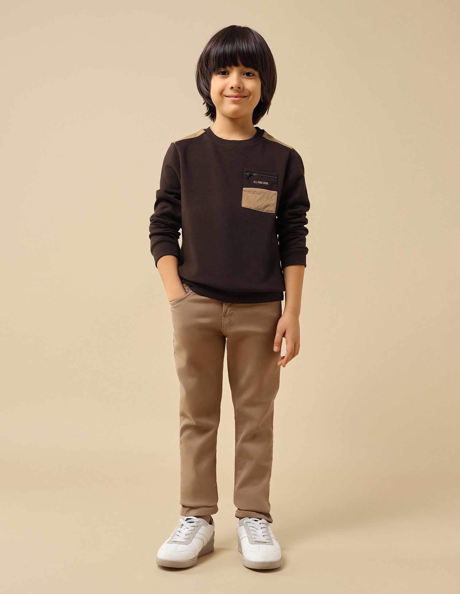 Boys Solid Regular Fit Sweatshirt Dark Brown - U.S. POLO ASSN. | Large