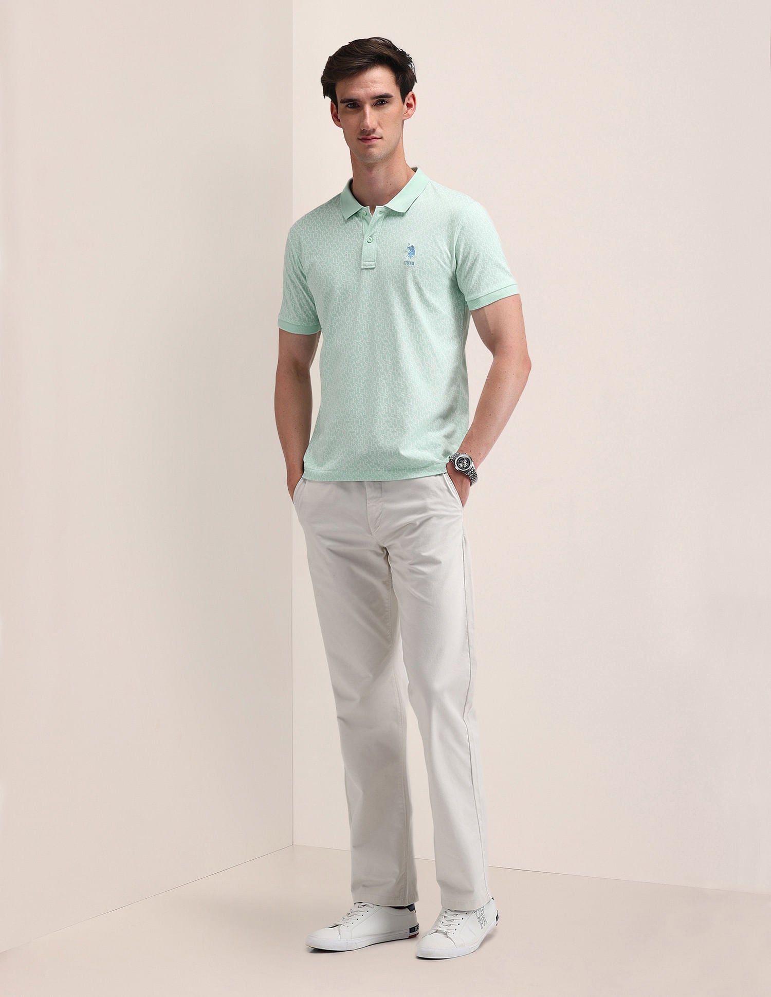 Slim Fit Printed Cotton Polo Shirt Green - U.S. Polo Assn. India | Large