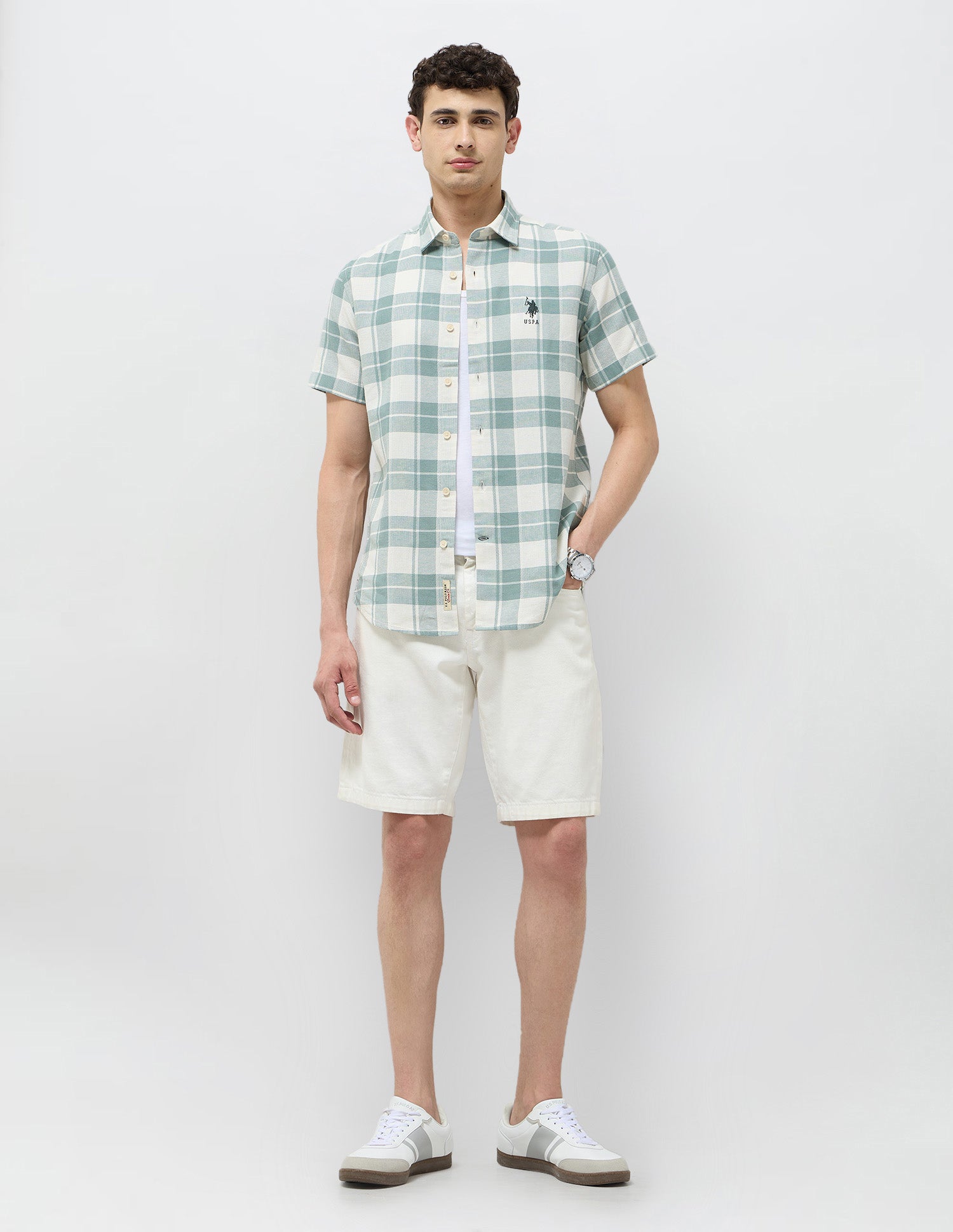 Textured With Tartan Checked Shirt Light Green - U.S. POLO ASSN. | Large