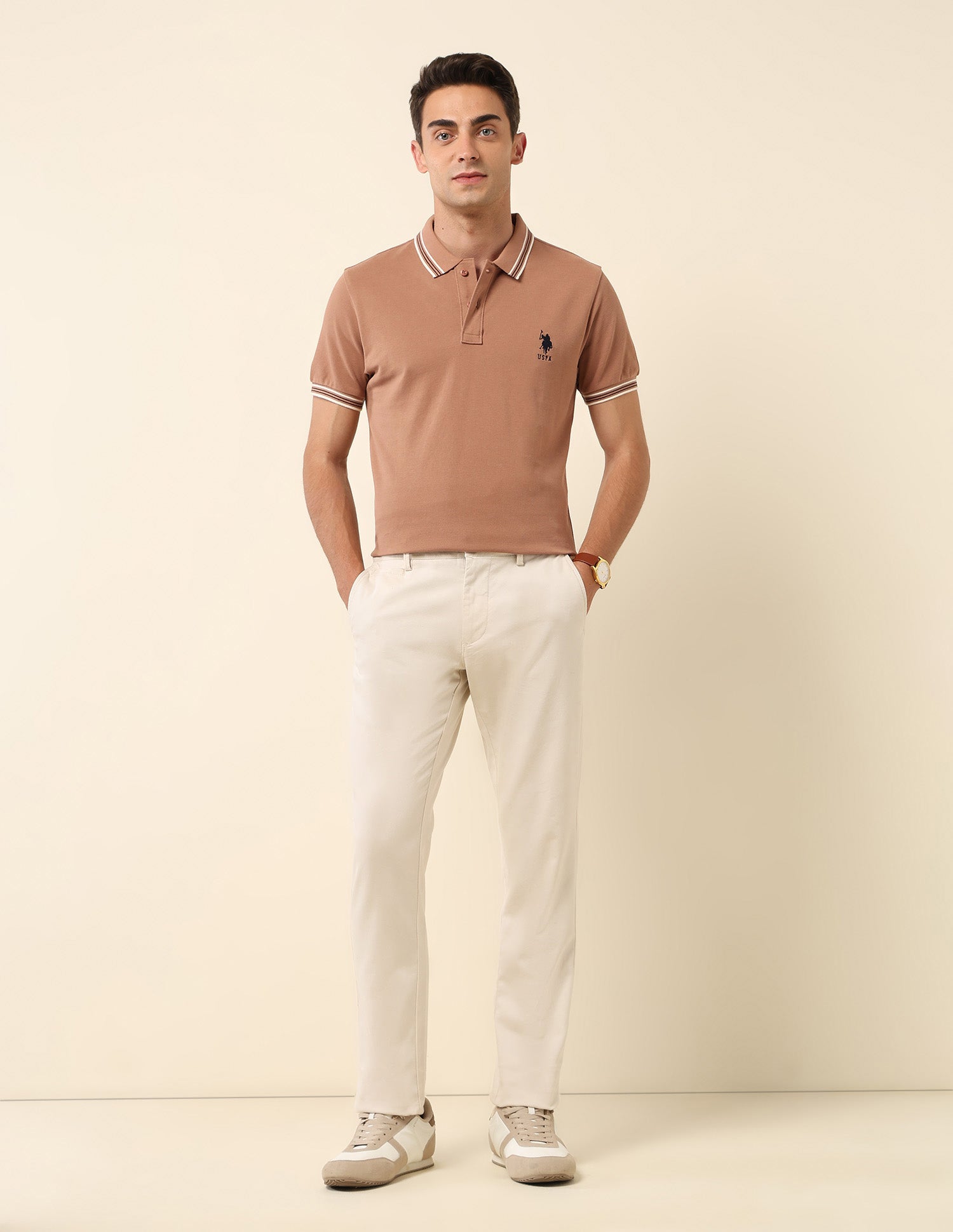 Slim Fit Solid Polo Shirt Beige - U.S. Polo Assn. India | Large