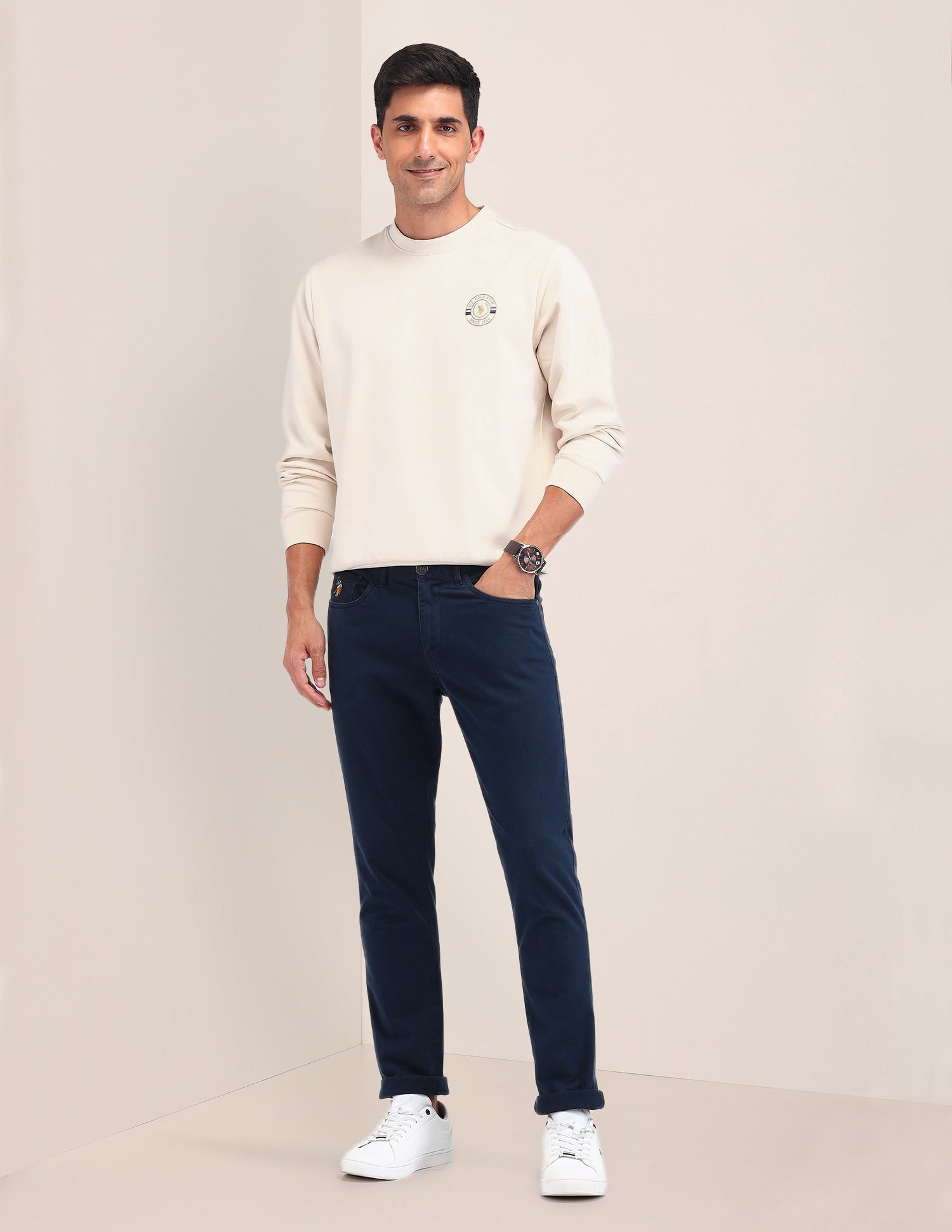 Solid Regular Fit Sweatshirt Beige - U.S. Polo Assn. India | Large