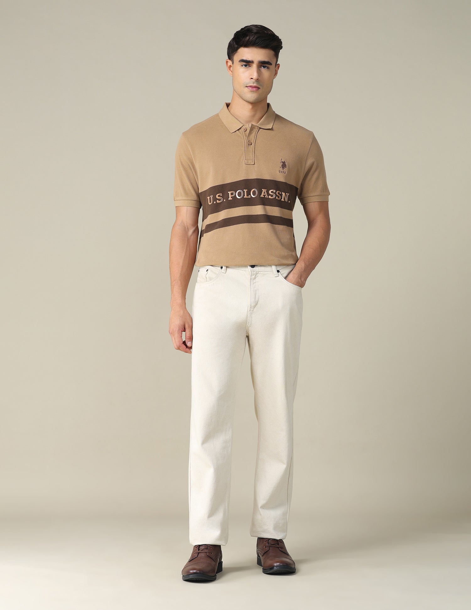 Colourblocked Brand Printed Regular Fit Polo Shirt Light Beige - U.S. POLO ASSN. | Large