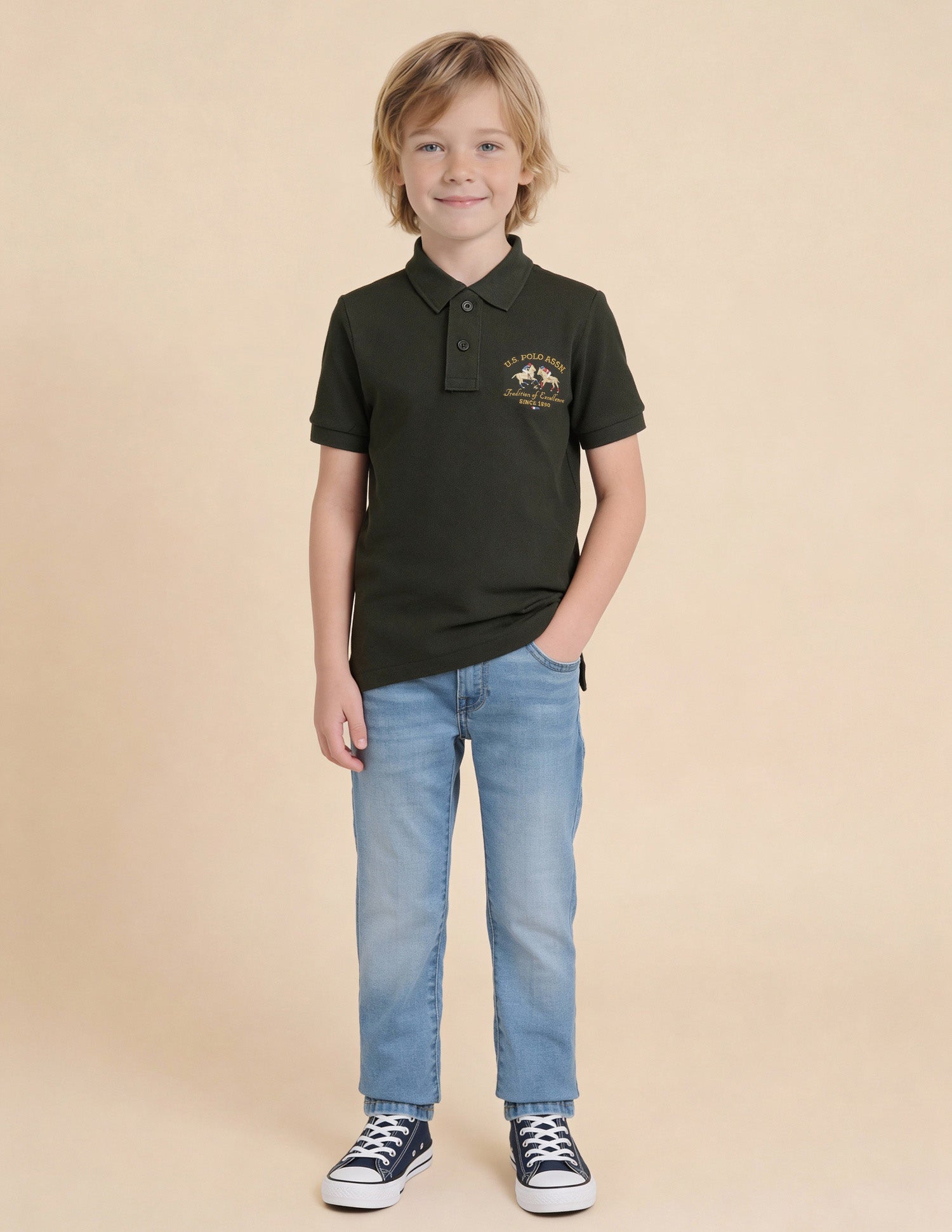 Boys Brand Embroidered Regular Fit Polo Shirt Olive - U.S. Polo Assn. India | Large