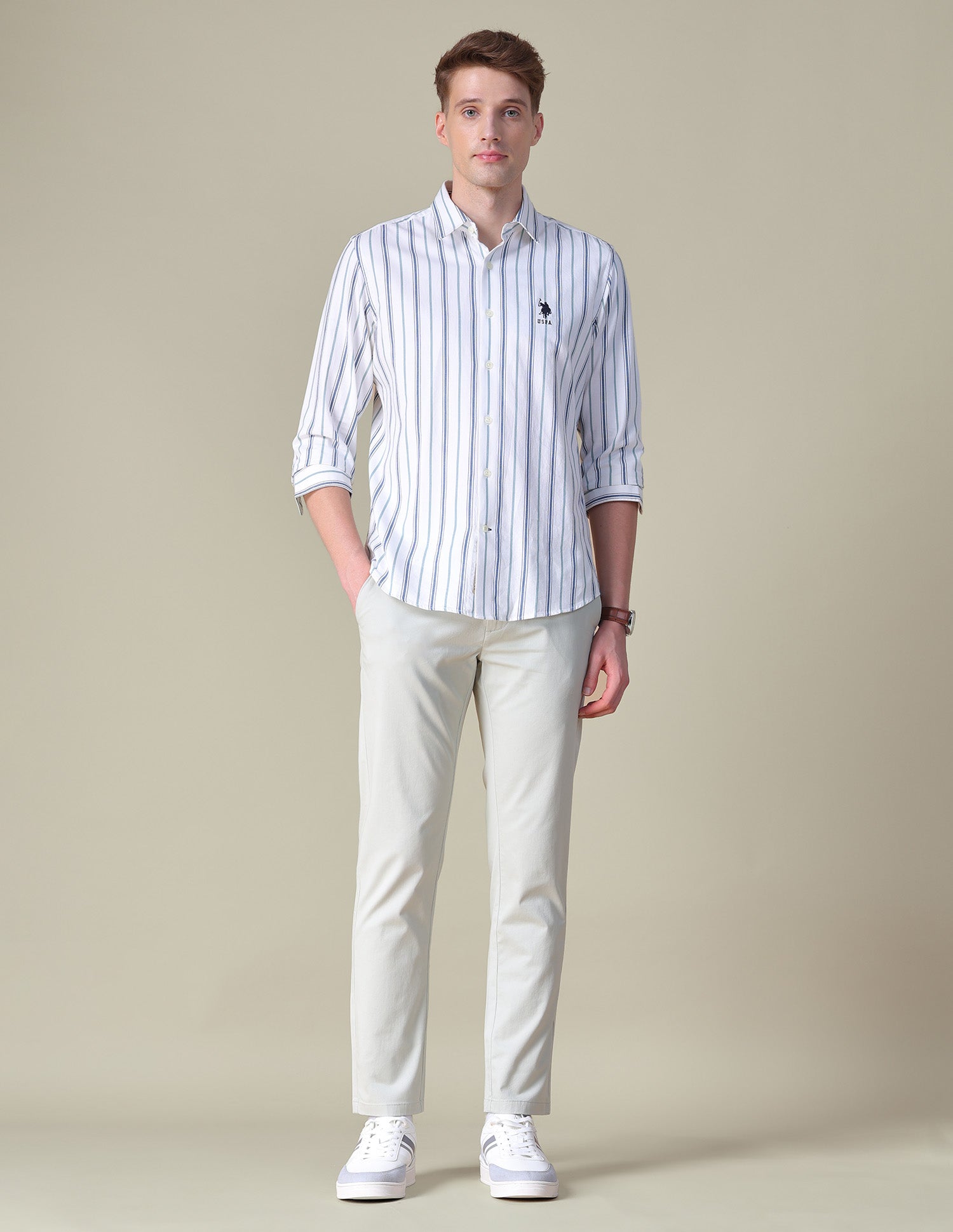 Vertical Striped Twill Shirt Off White - U.S. POLO ASSN. | Large
