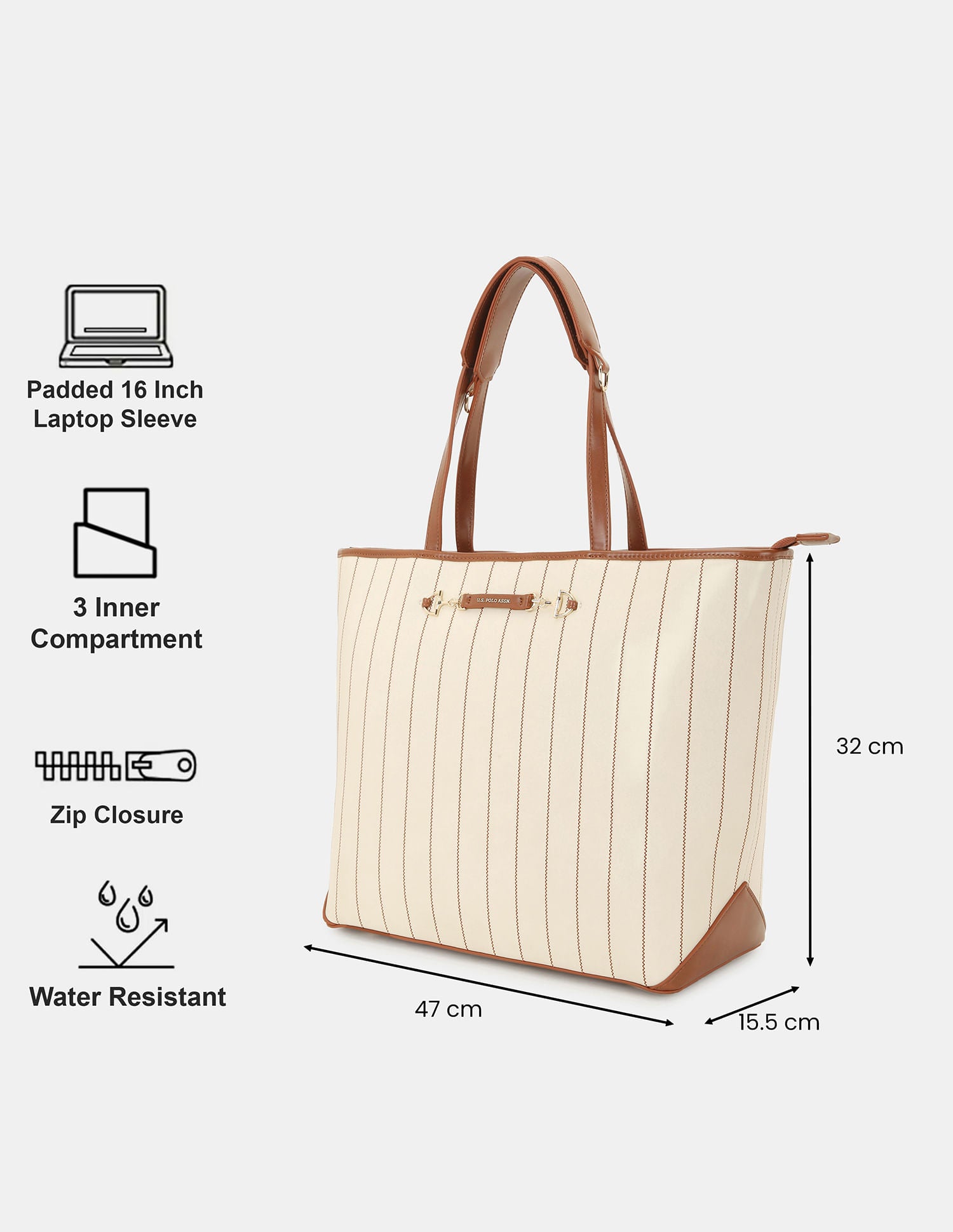 Women Bunny Striped Print Tote Bag with Shoulder Handle Off White - U.S. POLO ASSN. | Large