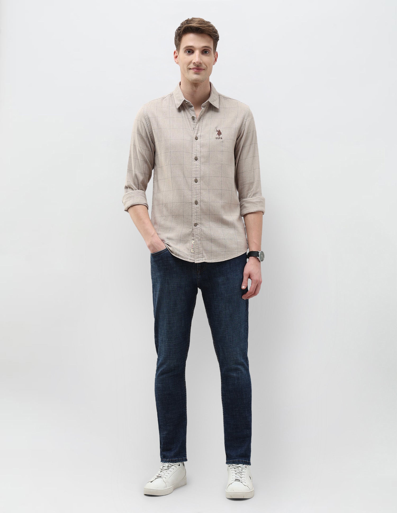 Regular Fit Windowpane Checked Shirt Light Khaki - U.S. Polo Assn. India | Large