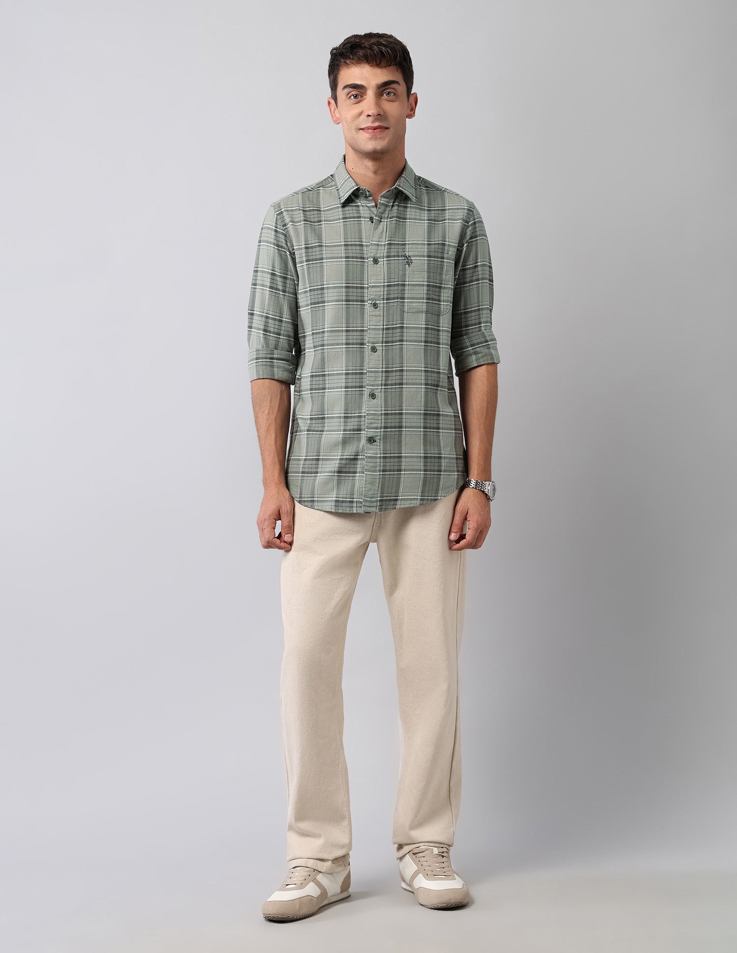 Tartan Checked Twill Shirt Light Olive - U.S. Polo Assn. India | Large