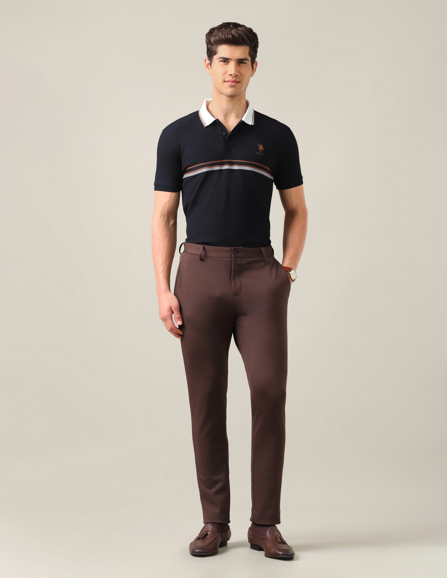 Solid With Stripe Detail Slim Fit Polo Shirt Blue - U.S. Polo Assn. India | Large