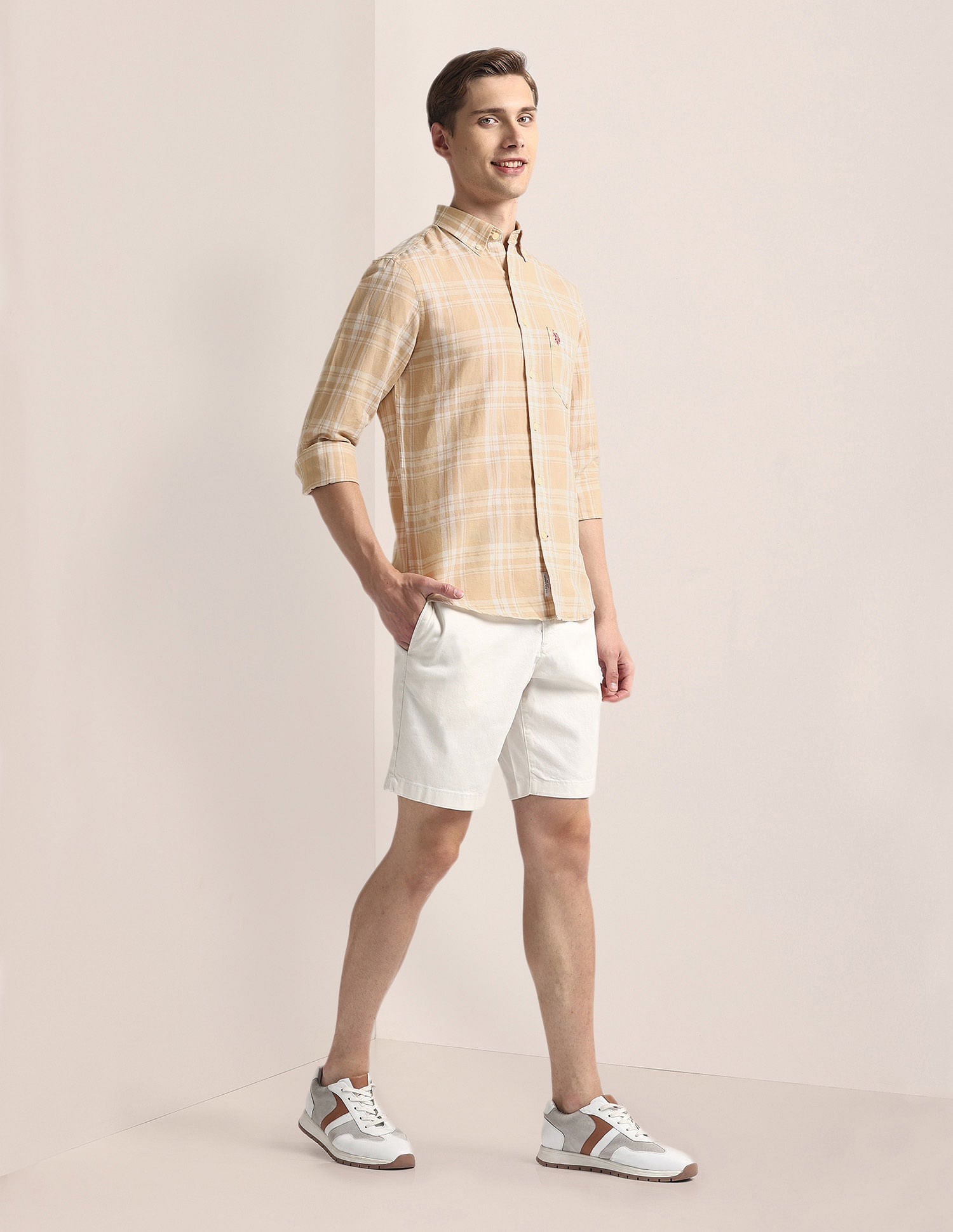 Tailored Fit Tartan Check Shirt Ivory and Beige - U.S. Polo Assn. India | Large