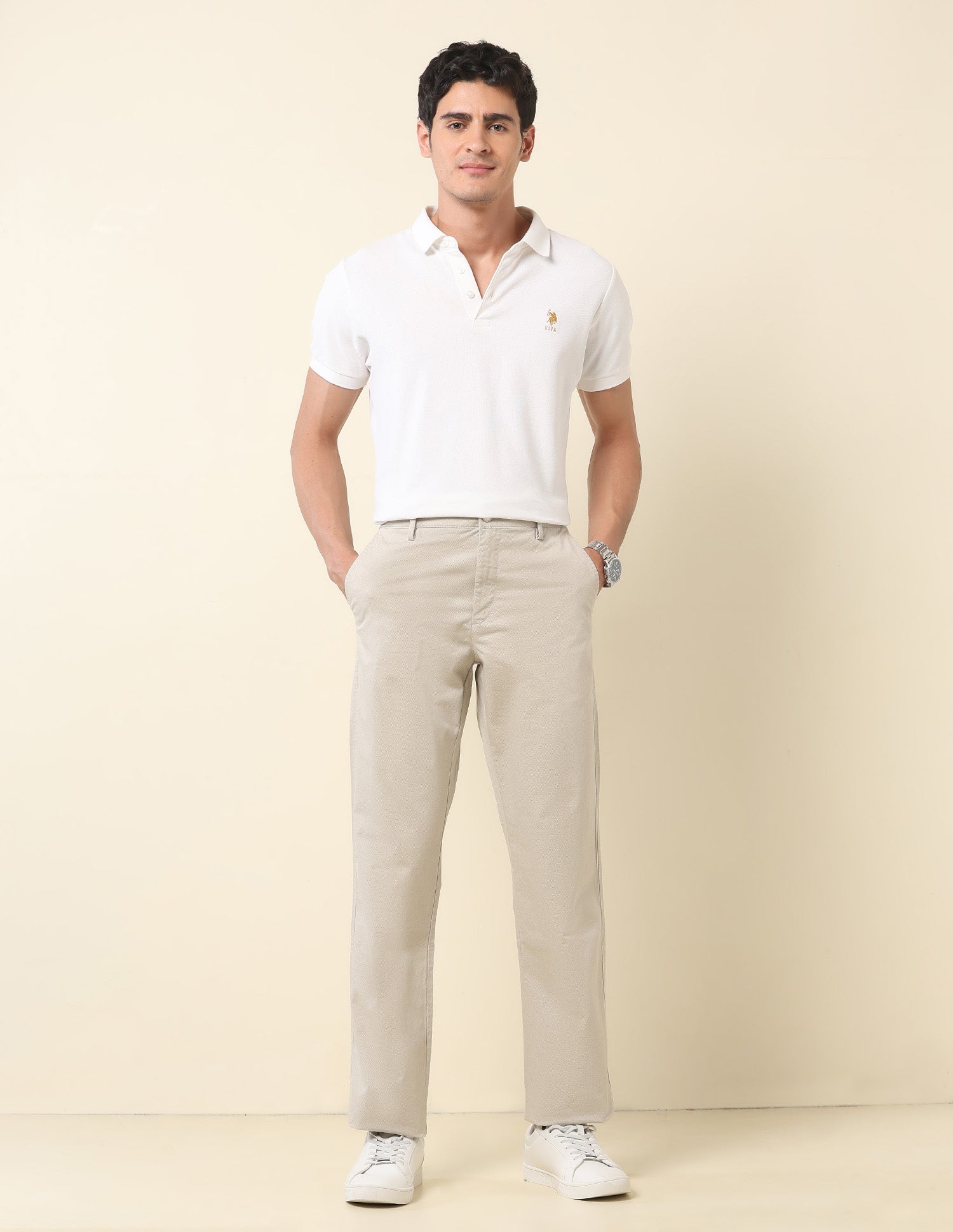Riley Straight Fit Twill Trousers Beige - U.S. POLO ASSN. | Large