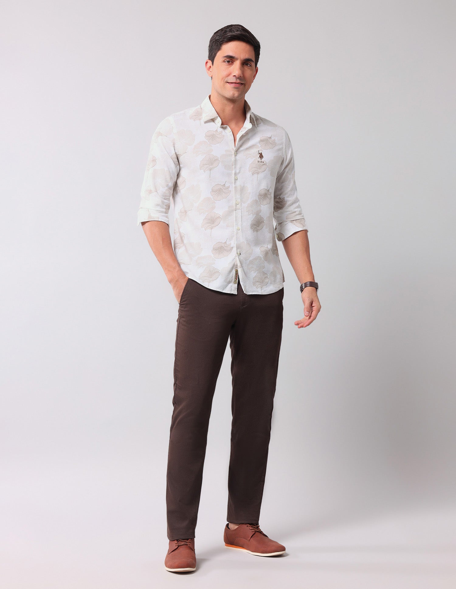 Floral Printed Regular Fit Shirt Beige - U.S. Polo Assn. India | Large