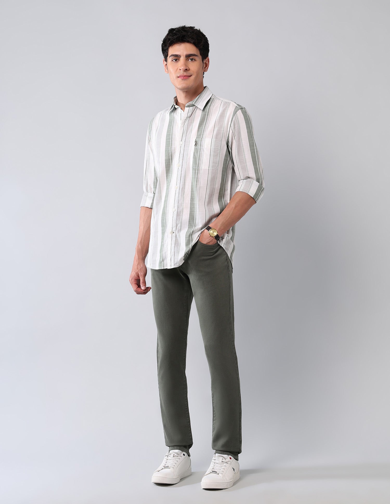Vertical Striped Pure Cotton Shirt Green - U.S. Polo Assn. India | Large