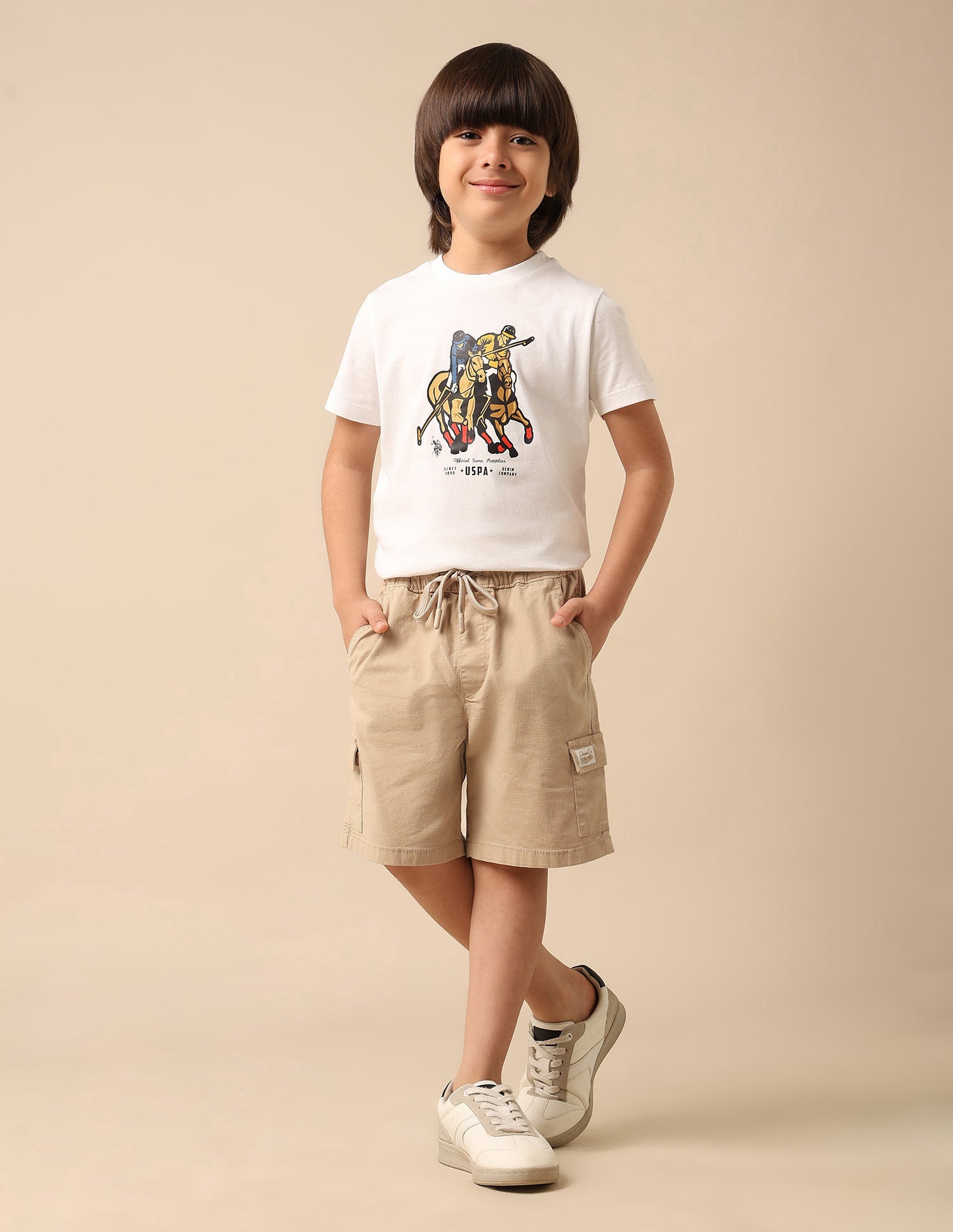 Boys Relaxed Fit Textured Cargo Shorts Beige - U.S. POLO ASSN. | Large
