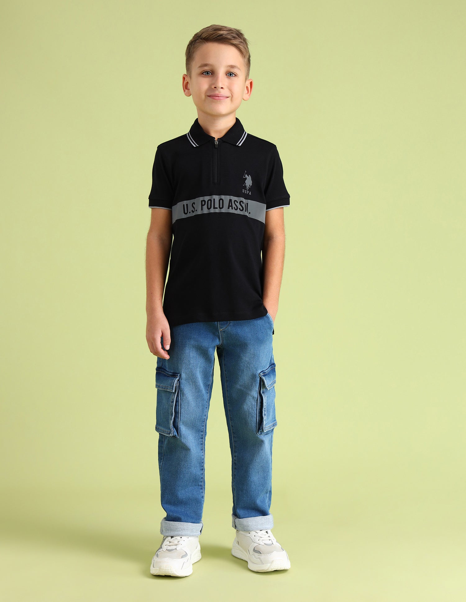 Boys Brand Printed Cotton Polo Shirt Black - U.S. Polo Assn. India | Large
