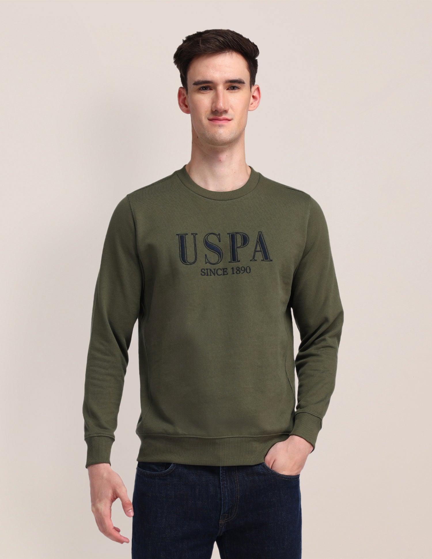Crew Neck Brand Printed Sweatshirt Olive - U.S. Polo Assn. India | Large