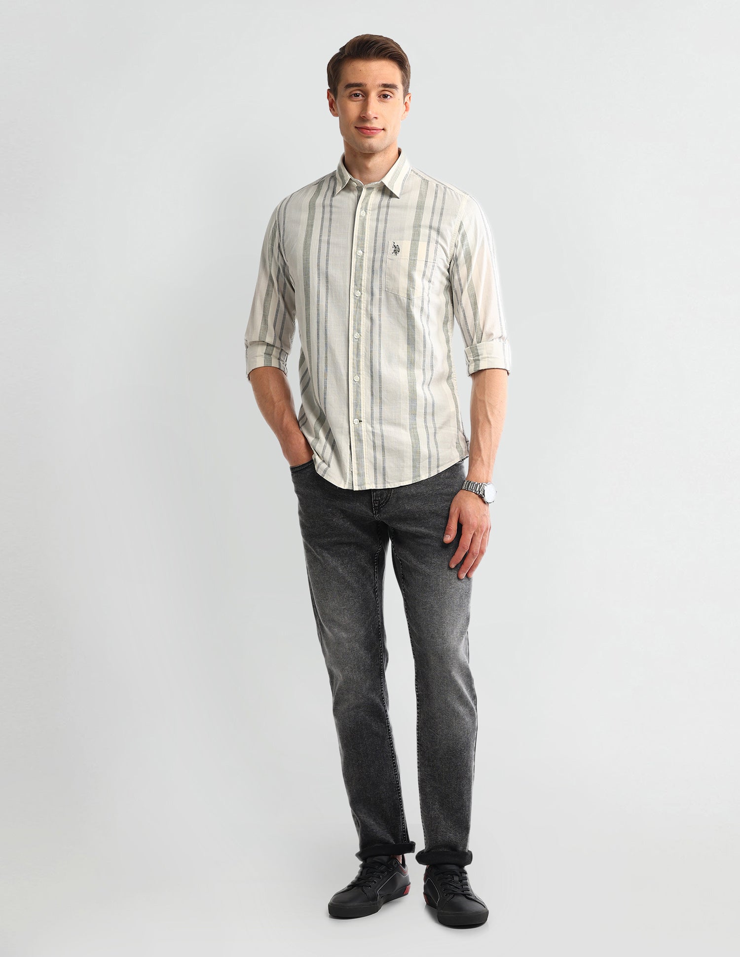 Vertical Striped Slim Fit Shirt Light Olive - U.S. POLO ASSN. | Large