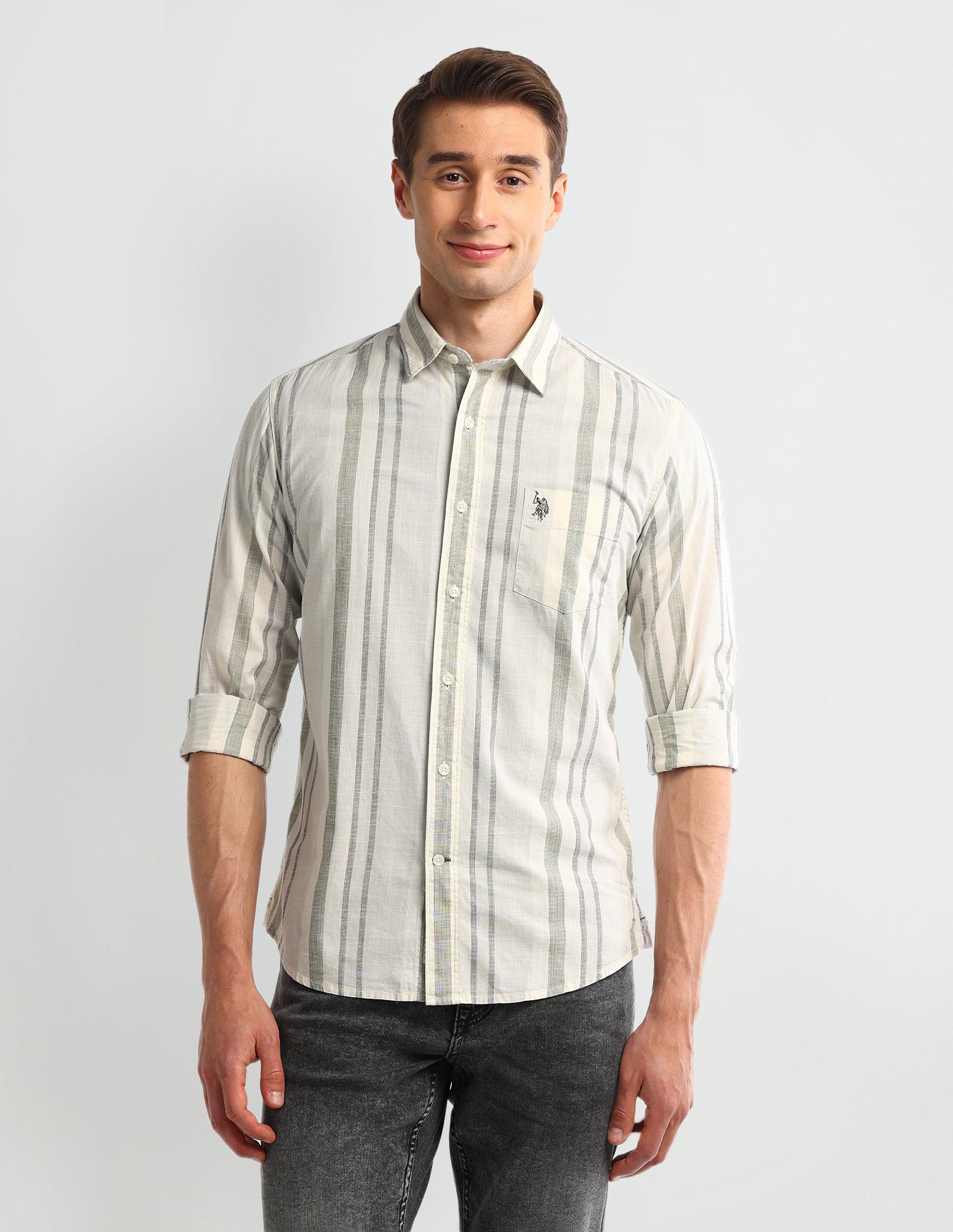 Vertical Striped Slim Fit Shirt Light Olive - U.S. POLO ASSN. | Large