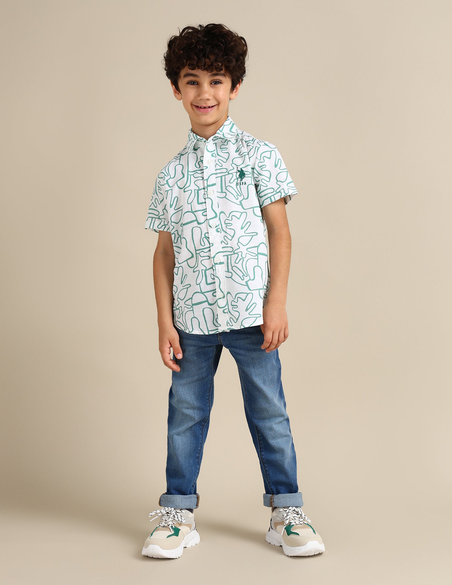 Boys Regular Fit Abstract Printed Shirt White - U.S. Polo Assn. India | Large