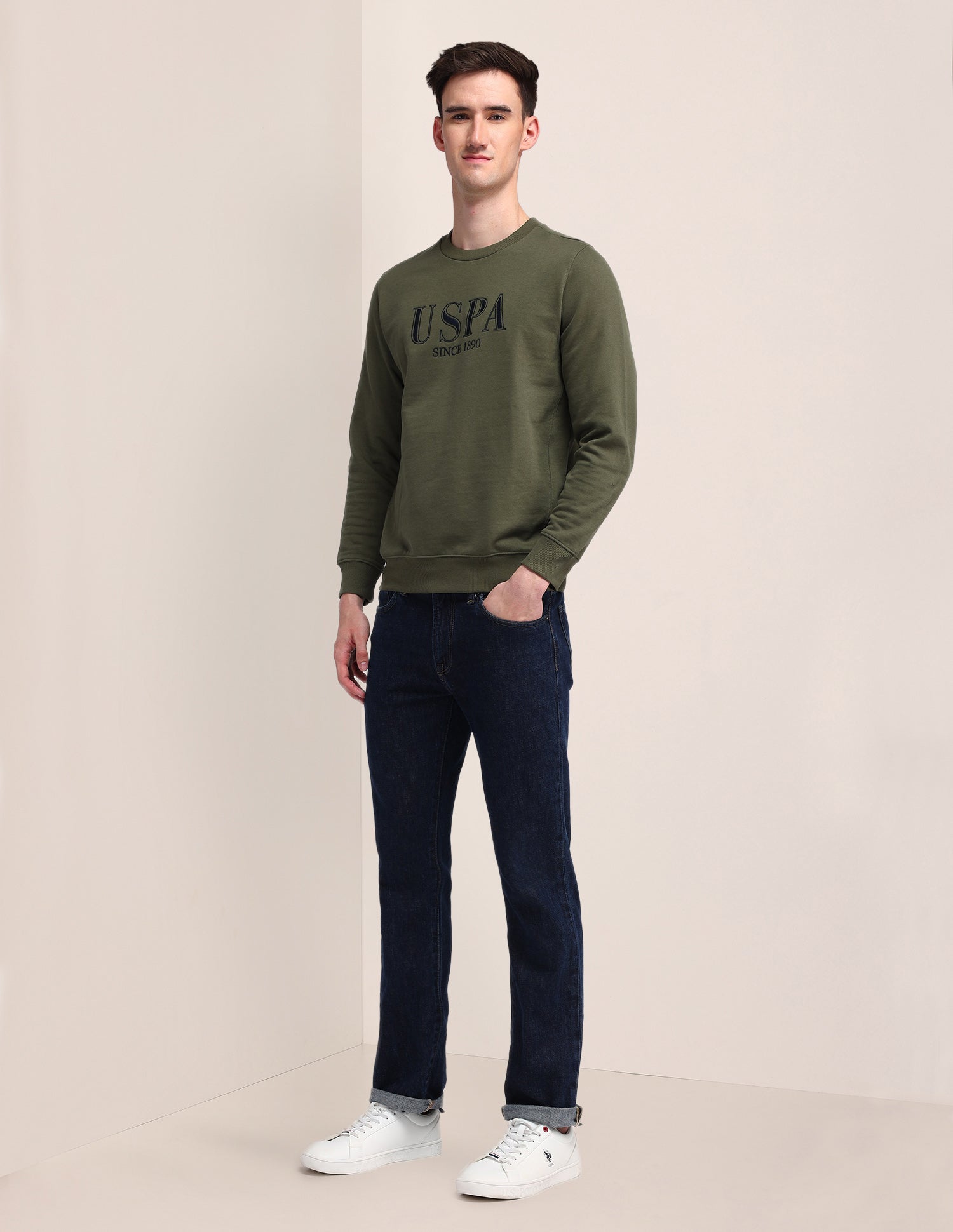 Crew Neck Brand Printed Sweatshirt Olive - U.S. Polo Assn. India | Large