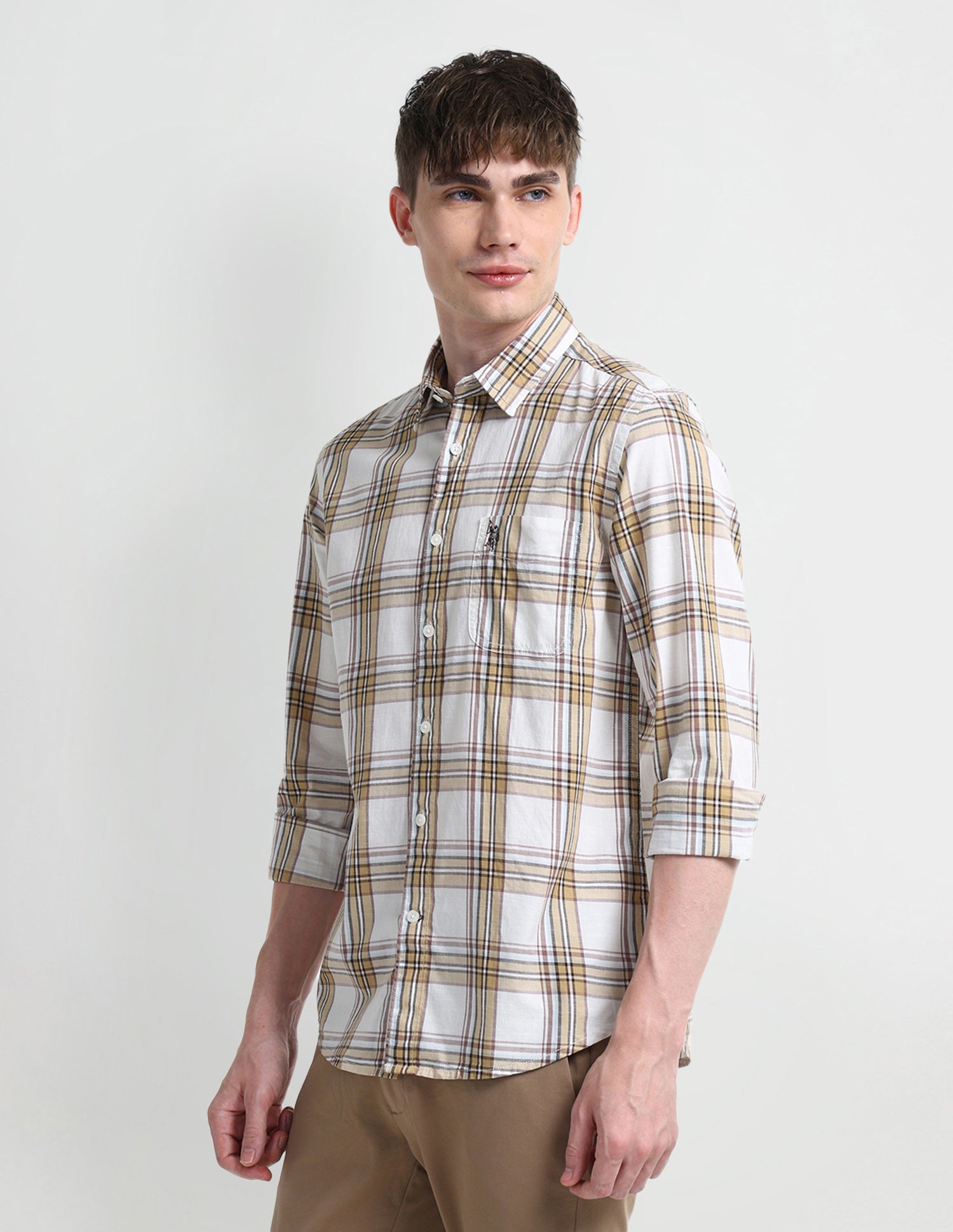 Dupplin Checked Slim Fit Shirt Beige - U.S. Polo Assn. India | Large