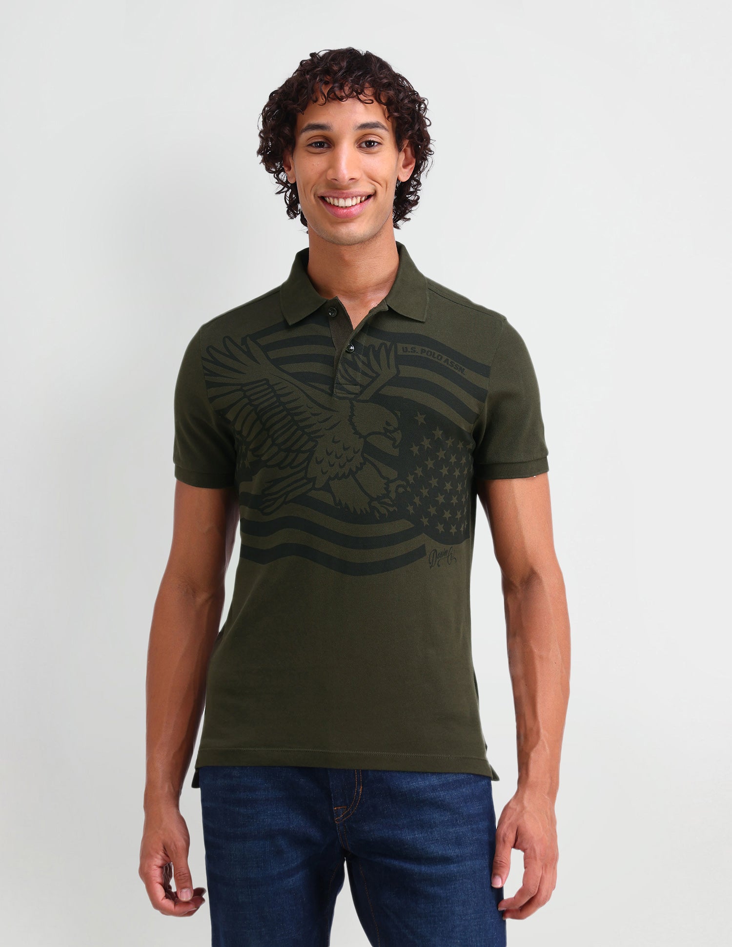 Graphic Printed Muscle Fit Polo Shirt Olive Branch - U.S. Polo Assn. India | Large