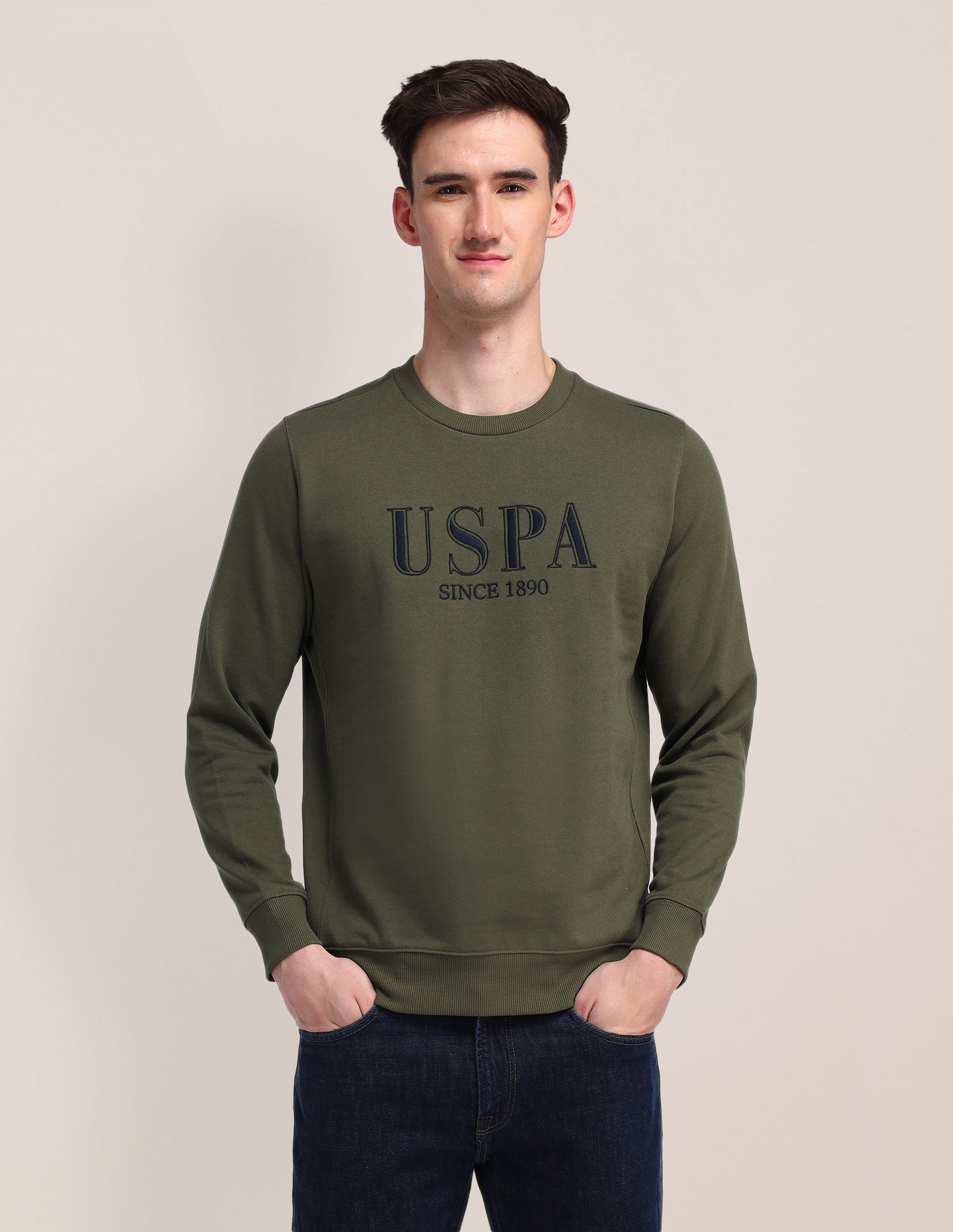 Crew Neck Brand Printed Sweatshirt Olive - U.S. Polo Assn. India | Large