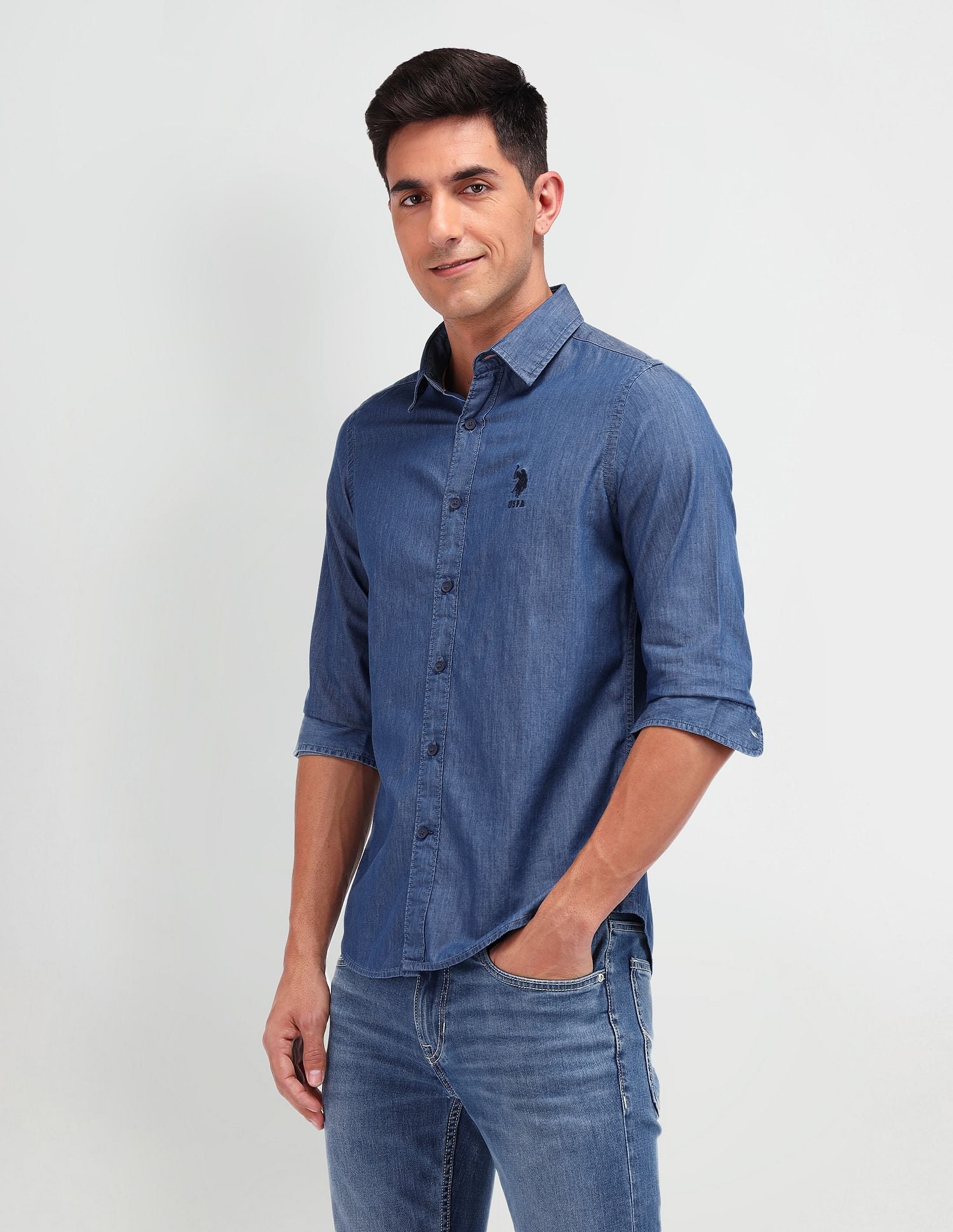 Slim Fit Chambray Shirt Dark Indigo - U.S. POLO ASSN. | Large