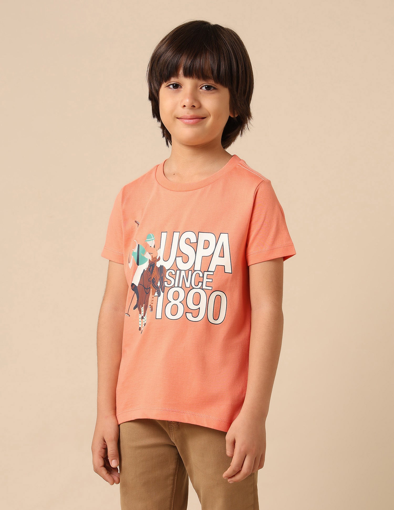 Boys Graphic Brand Printed Regular Fit T Shirt Light Orange - U.S. POLO ASSN. | Large
