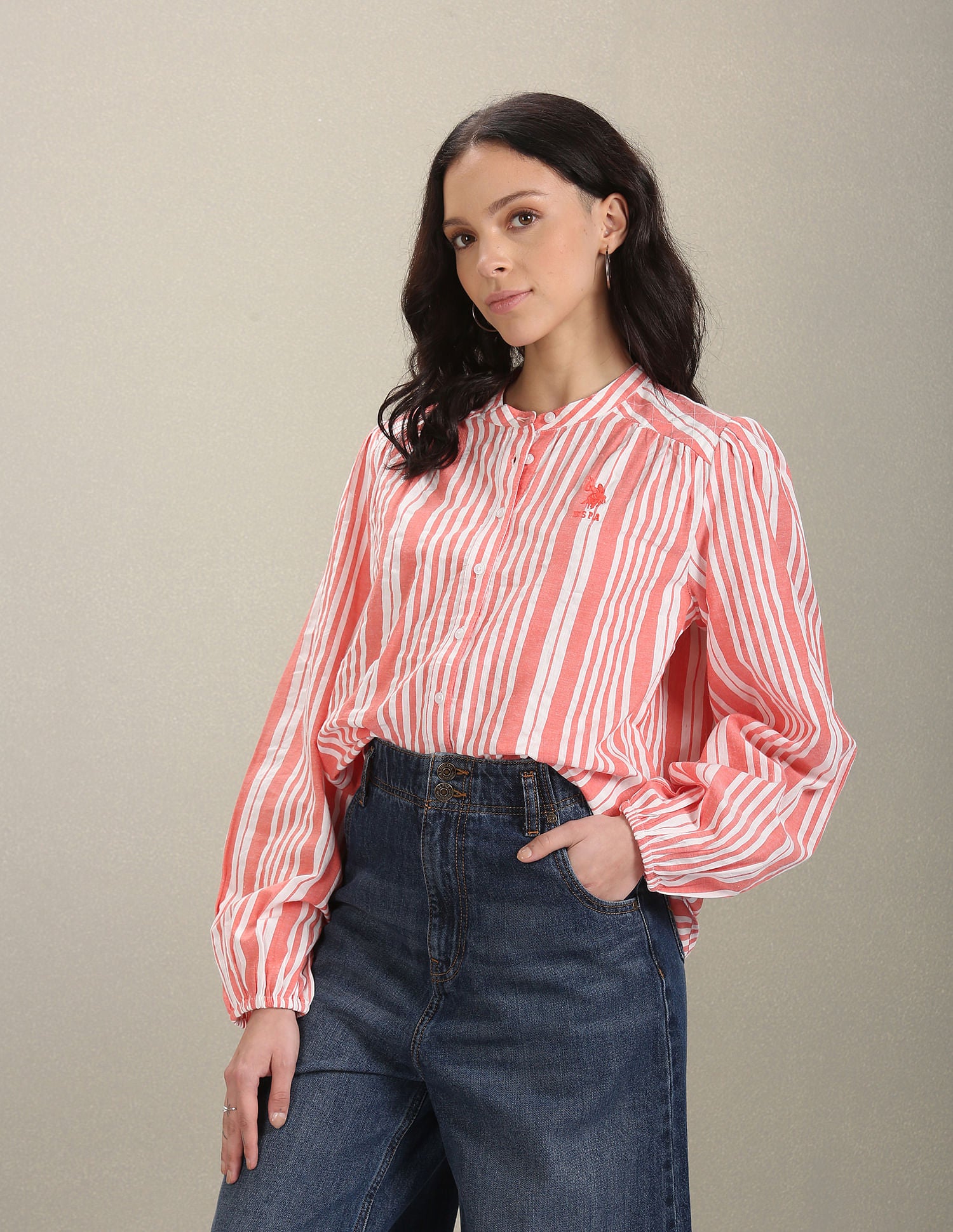 Vertical Stripe Oxford Shirt White and Orange - U.S. POLO ASSN. | Large