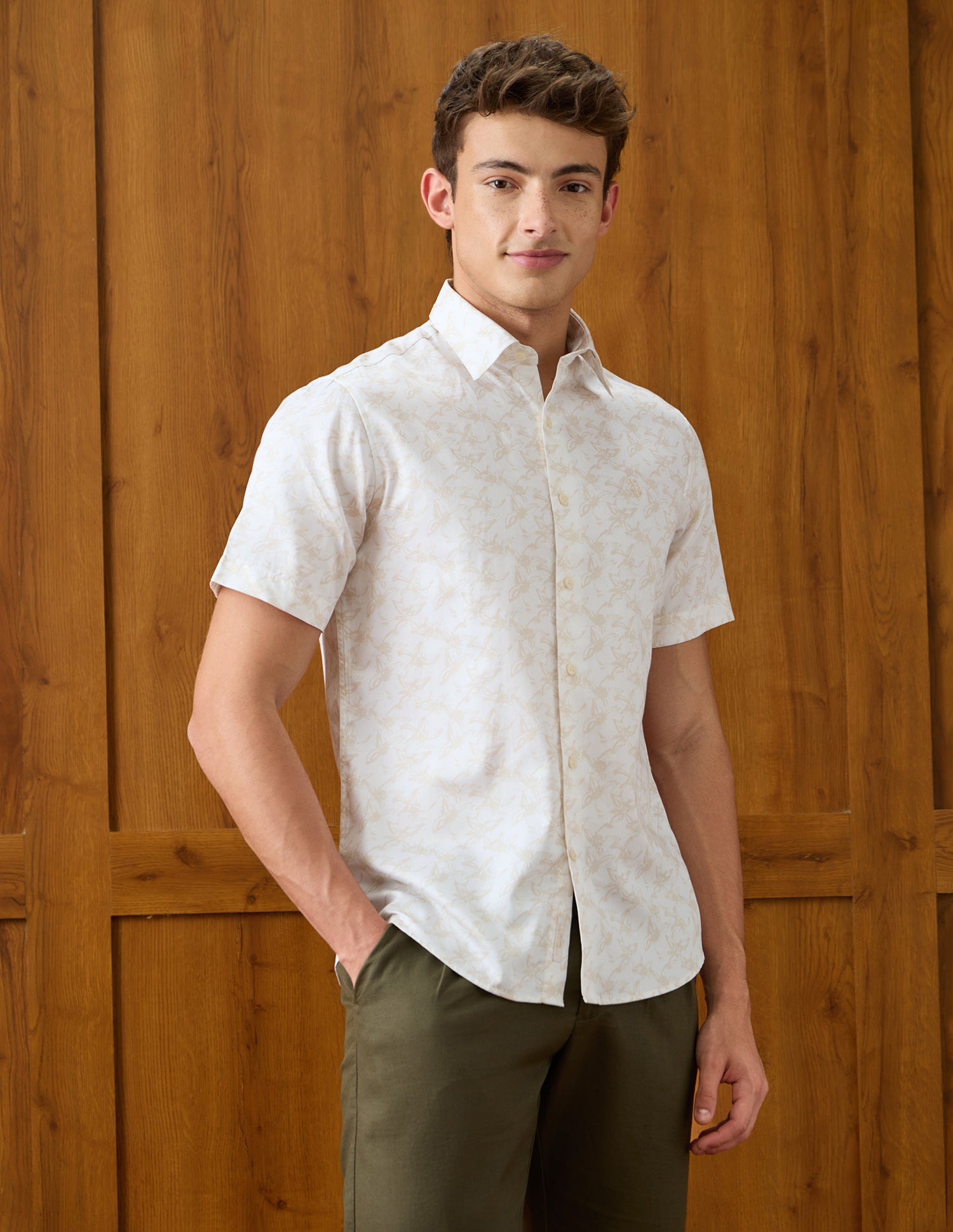Floral Printed Satin Shirt Beige - U.S. Polo Assn. India | Large
