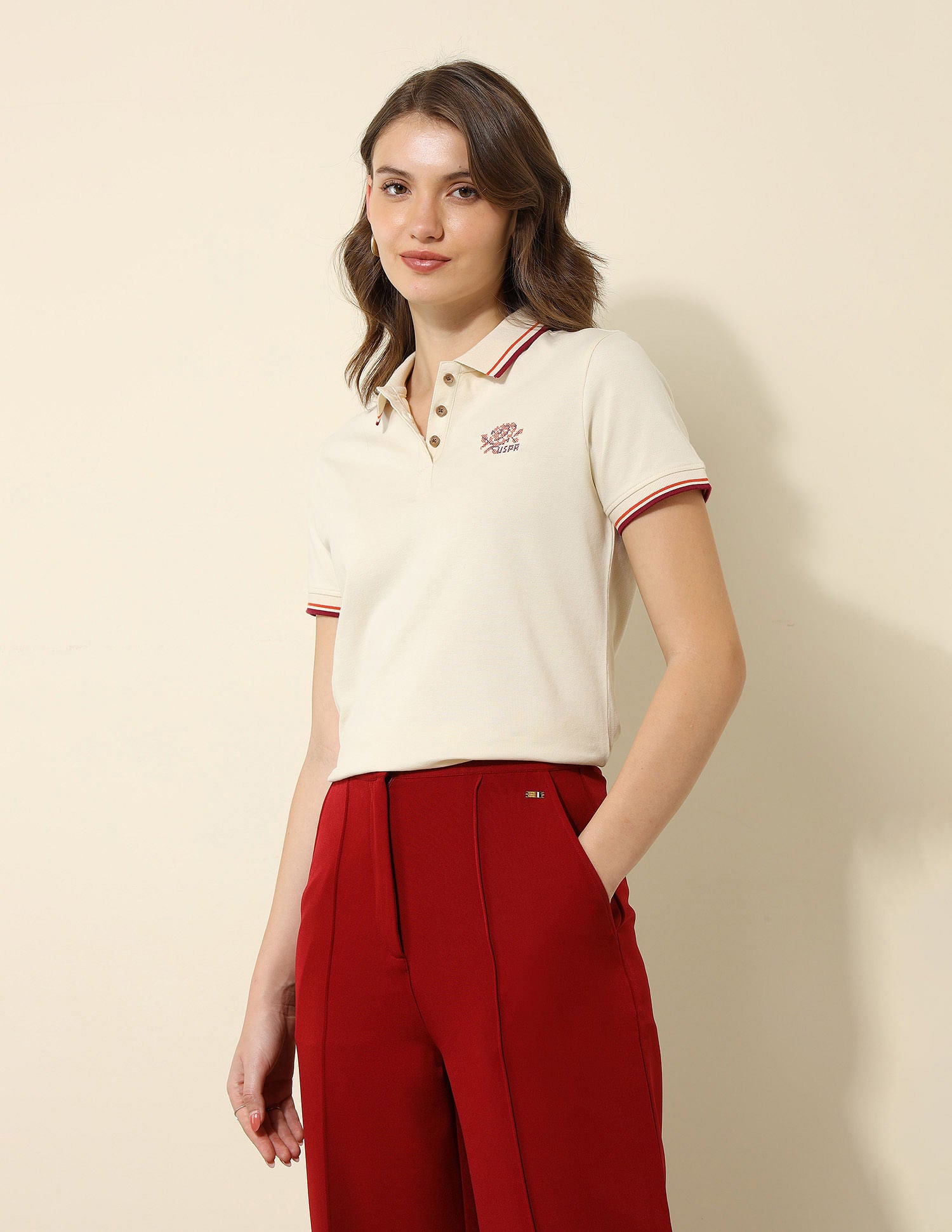 Regular Fit Solid Polo Shirt Ecru - U.S. Polo Assn. India | Large