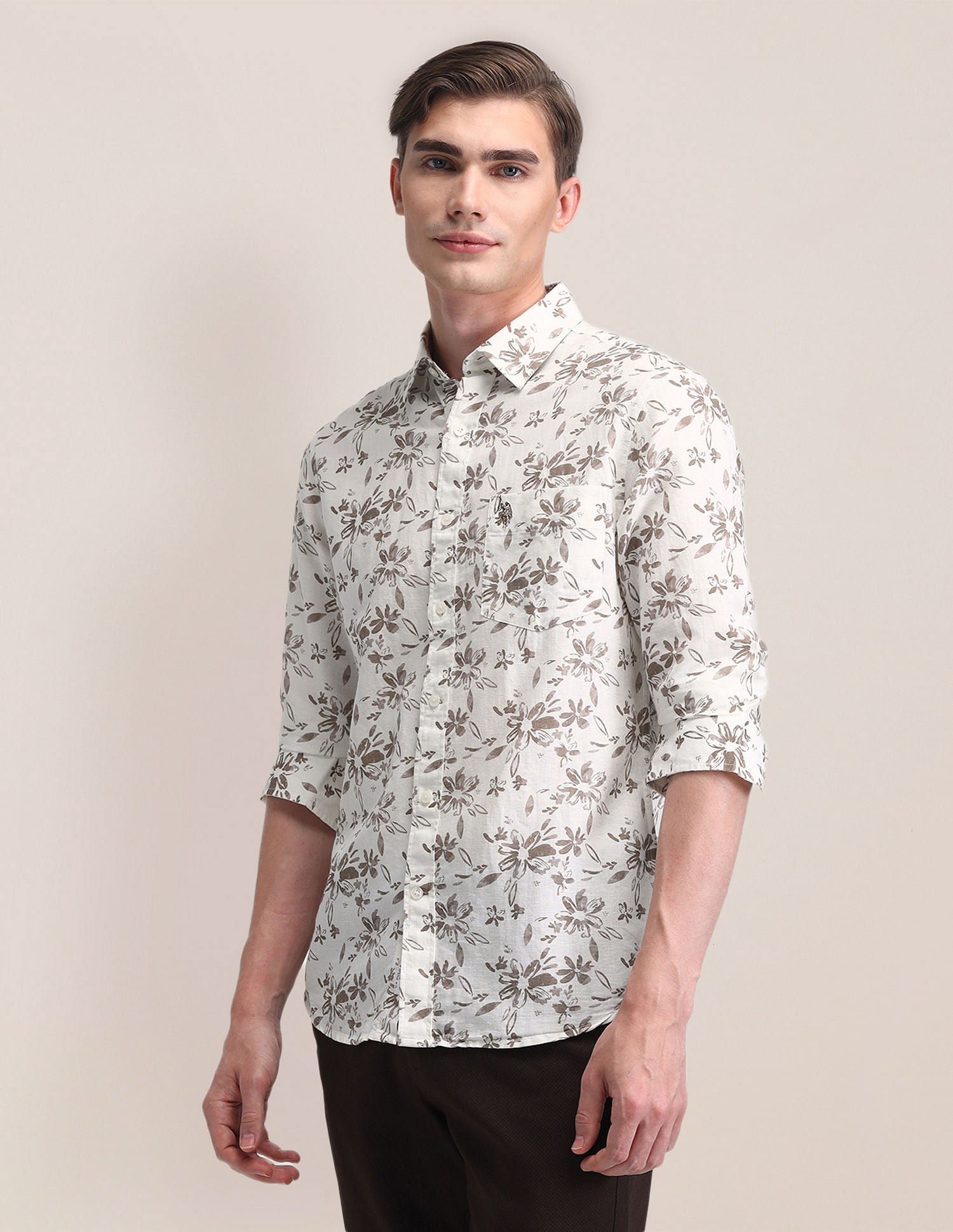 Tailored Fit Printed Shirt Beige - U.S. POLO ASSN. | Large