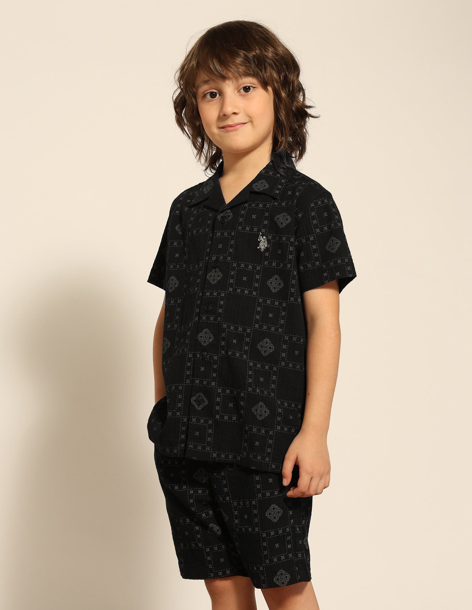Boys Geometric Printed Cuban Shirt Black - U.S. POLO ASSN. | Large