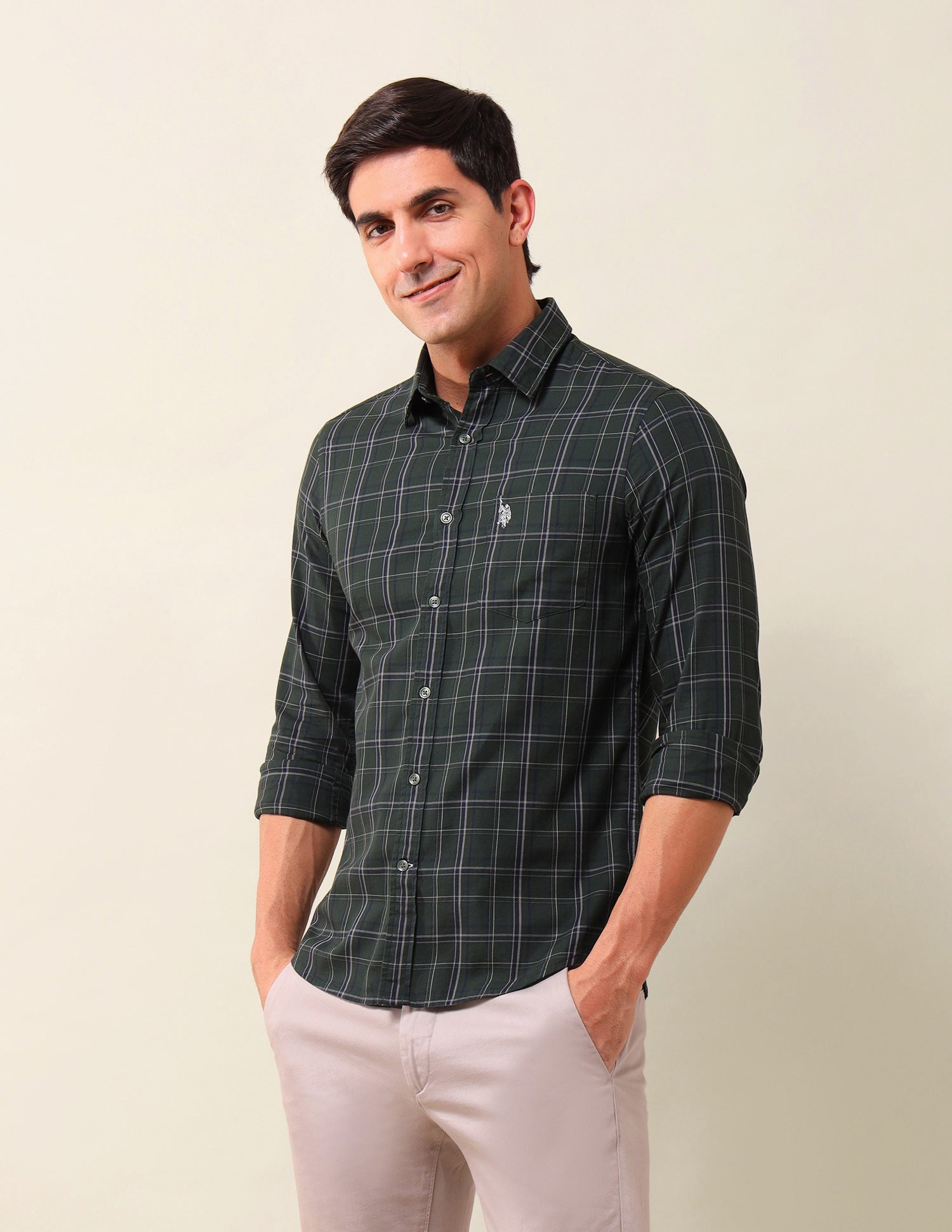 Grid Tattersall Checked Tailored Fit Shirt Dark Green - U.S. POLO ASSN. | Large